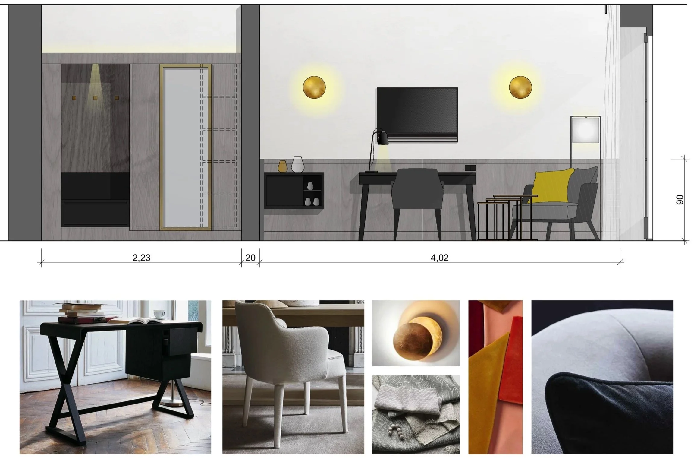 Renderingszeichnung eines Wohnzimmers mit Maßen, gepaart mit Fotos von Möbeln und Dekorationen wie einem schwarzen Schreibtisch, weißen Sessel, Wandlampen, Kissen, Stofftextilien, einer Messing-Deckenleuchte, und mehreren Sofas in verschiedenen Farbe