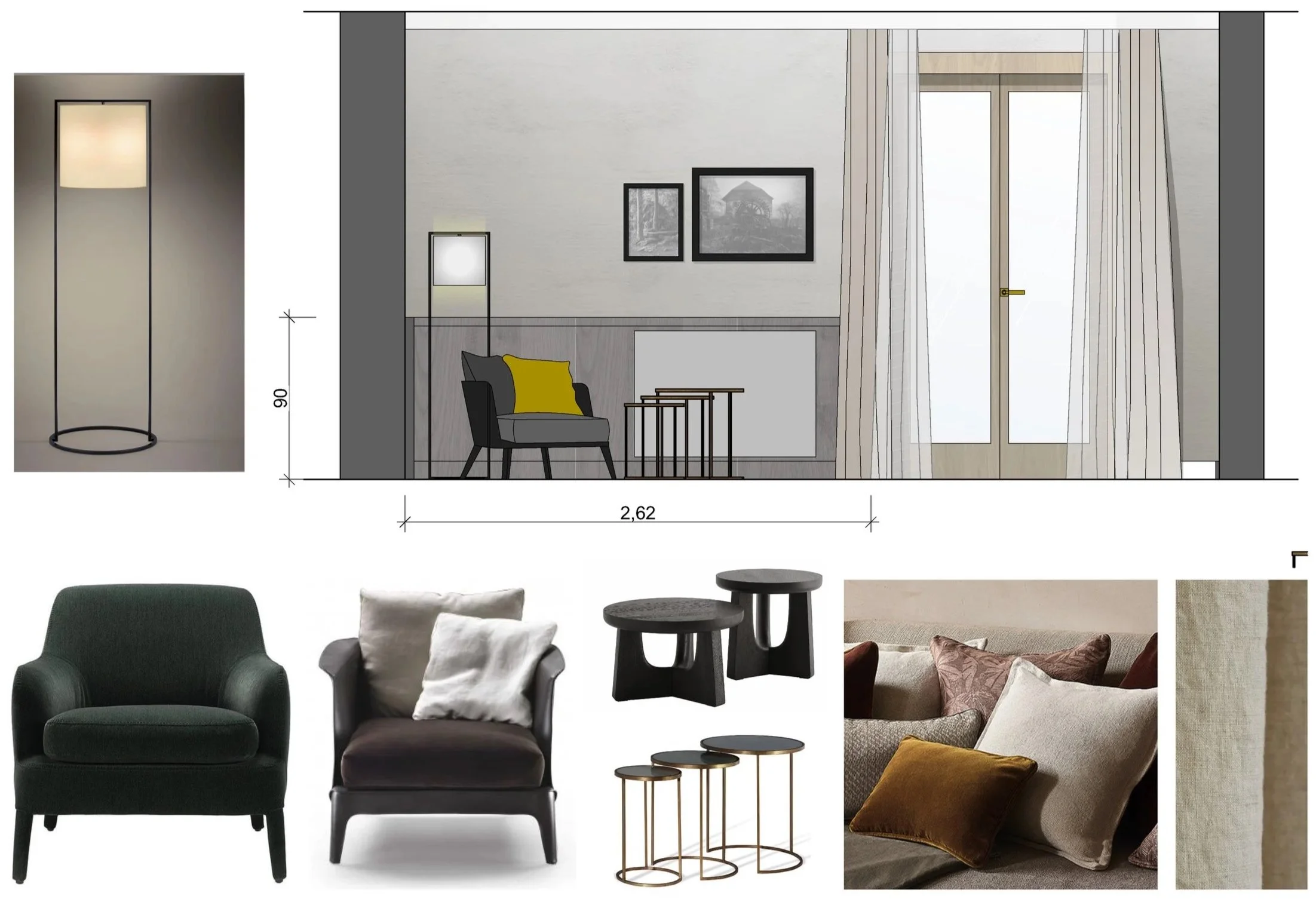 Wohnzimmerdesign mit schwarzen und grauen Möbeln, Hochstemleuchte, Bilderwand, große Fenster mit weißen Vorhängen. Verschiedene Sitzmöbel und Beistelltische in dunklen Tönen, Kissen in Creme, Braun und Senfgelb, Stoffmuster.