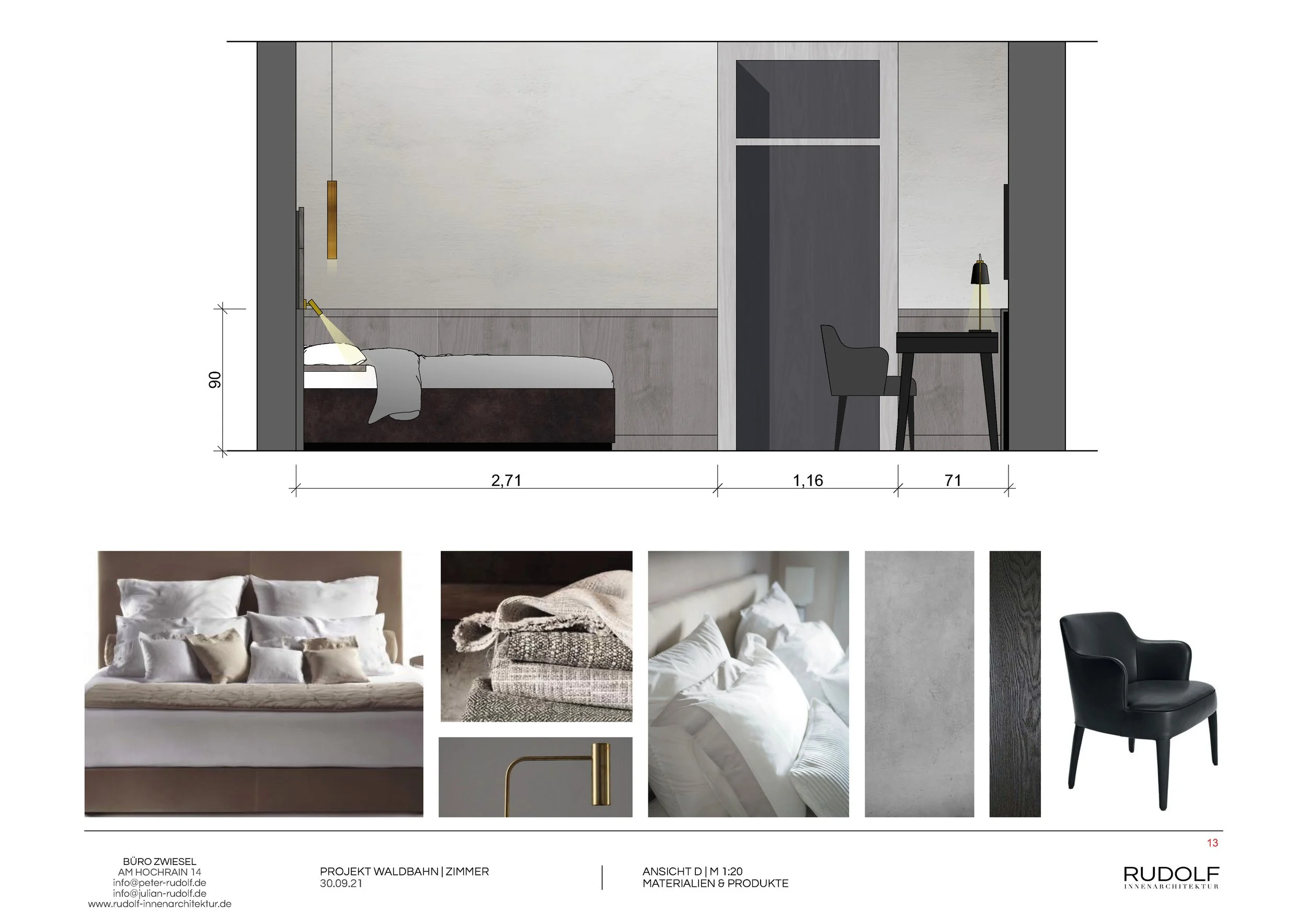 Zeichnung eines Hotelzimmers mit einem Bett, einem Schreibtisch und einem Stuhl, inklusive Längen- und Höhenangaben.