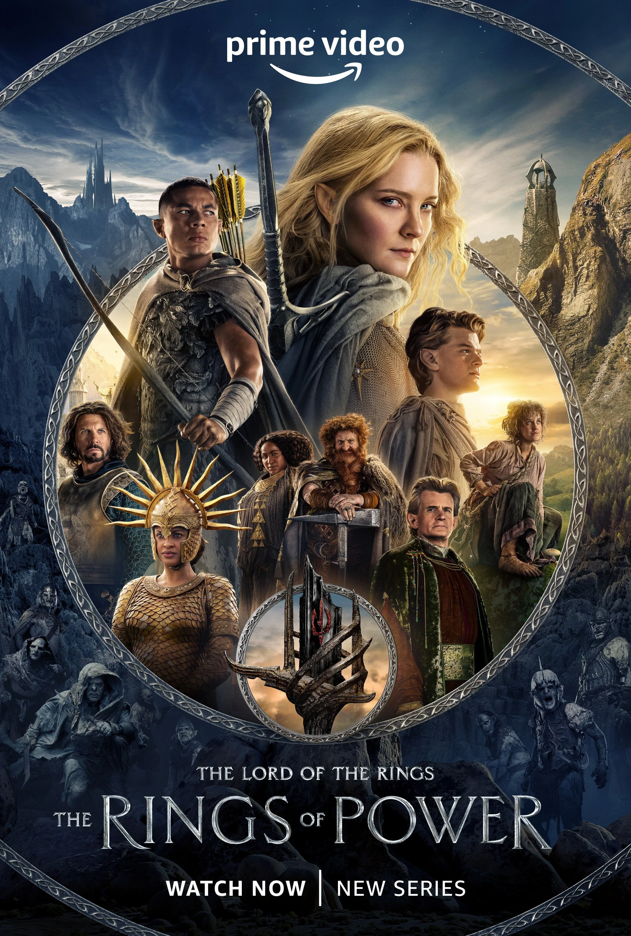 Promotional poster for the TV series 'The Rings of Power' featuring characters from 'The Lord of the Rings' against a mountainous landscape with a sky at sunset.