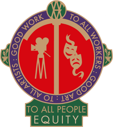 A circular emblem divided into two halves with a purple border. The border has the words 'ALL ARTS, GOOD WORK TO ALL WORKERS, GOOD ART, TO ALL WORKERS' and two green laurel branches on each side. The top half features a green handshake symbol, and the bottom half displays a green fountain pen nib. A green banner at the bottom reads 'TO ALL PEOPLE EQUITY'.