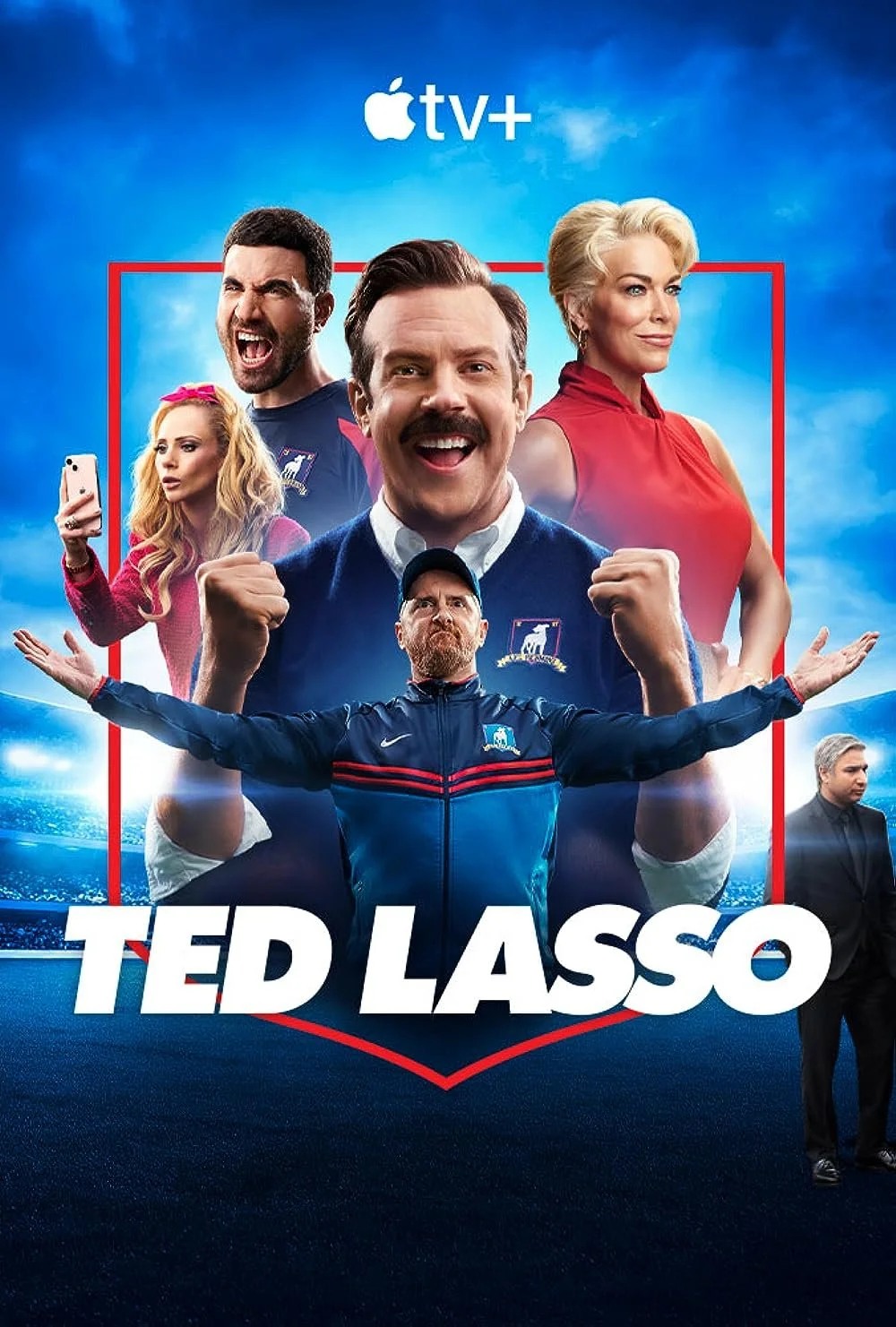 Movie poster for "Ted Lasso" featuring multiple characters, with a blue sky background and the Apple TV+ logo at the top.