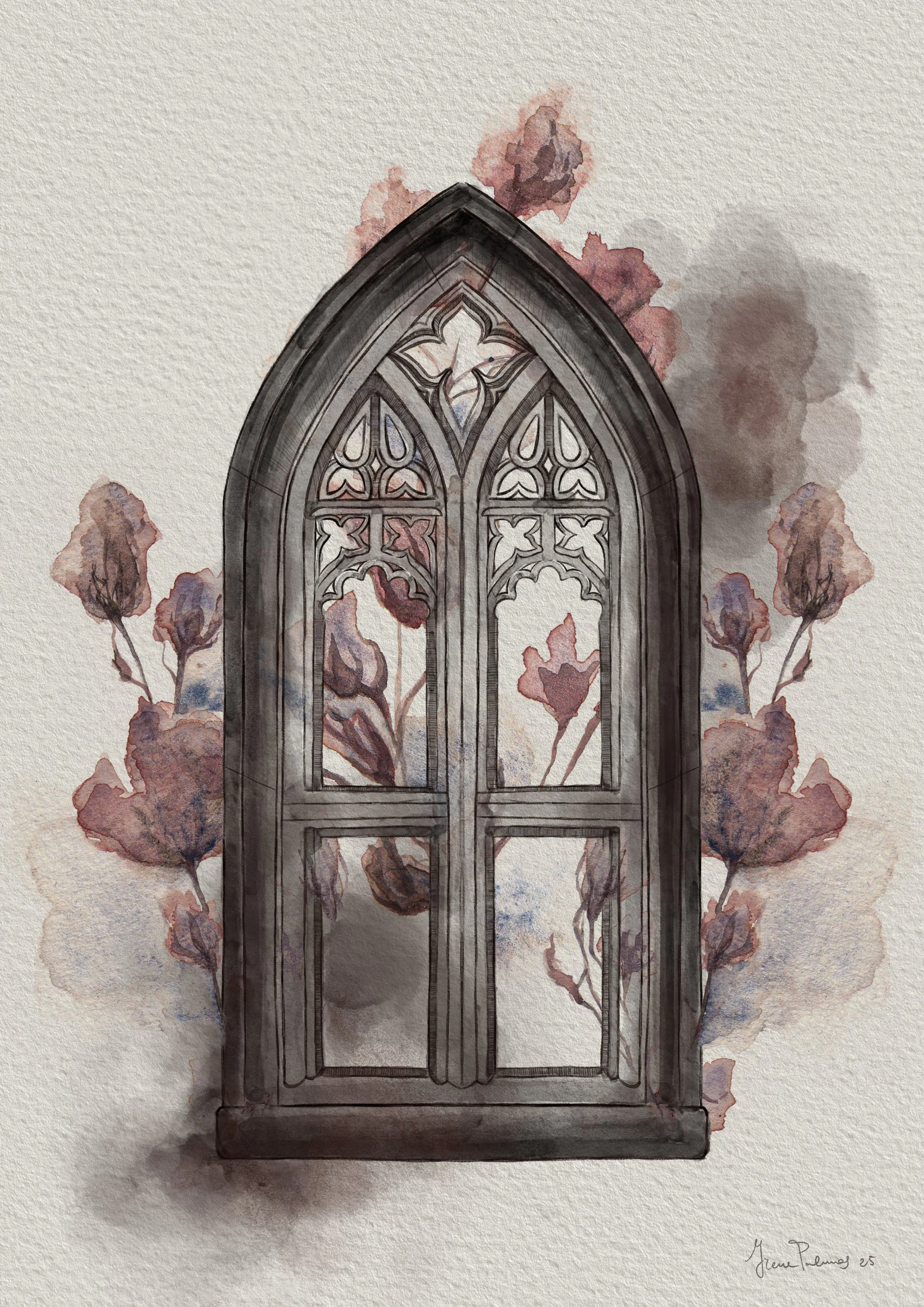 Watercolour illustration of a Gothic arched window surrounded by red and purple flowers and foliage. The flowers resemble poppies. Moody and muted colours.