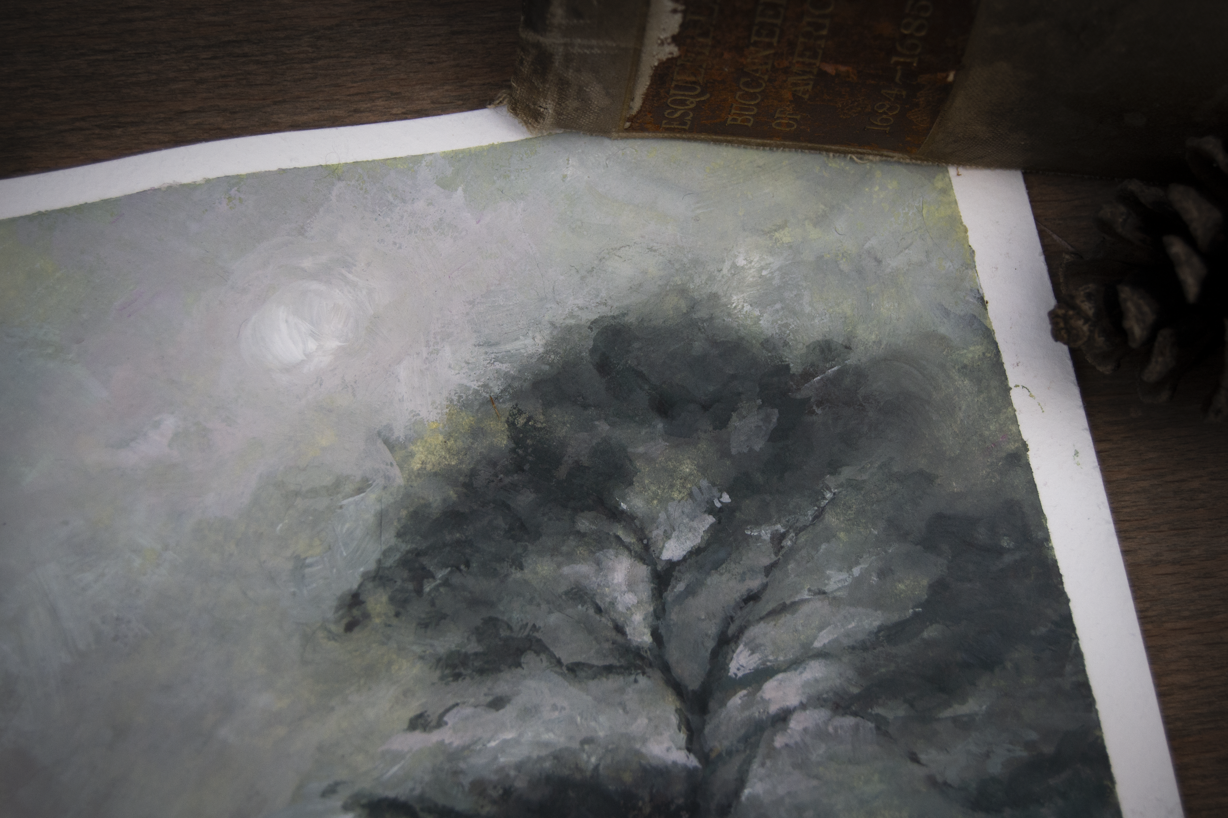 Gouache painting of a tall tree in the mist. Eerie, moody, atmosphere. Dominant colour is green. Calm but dark countryside.