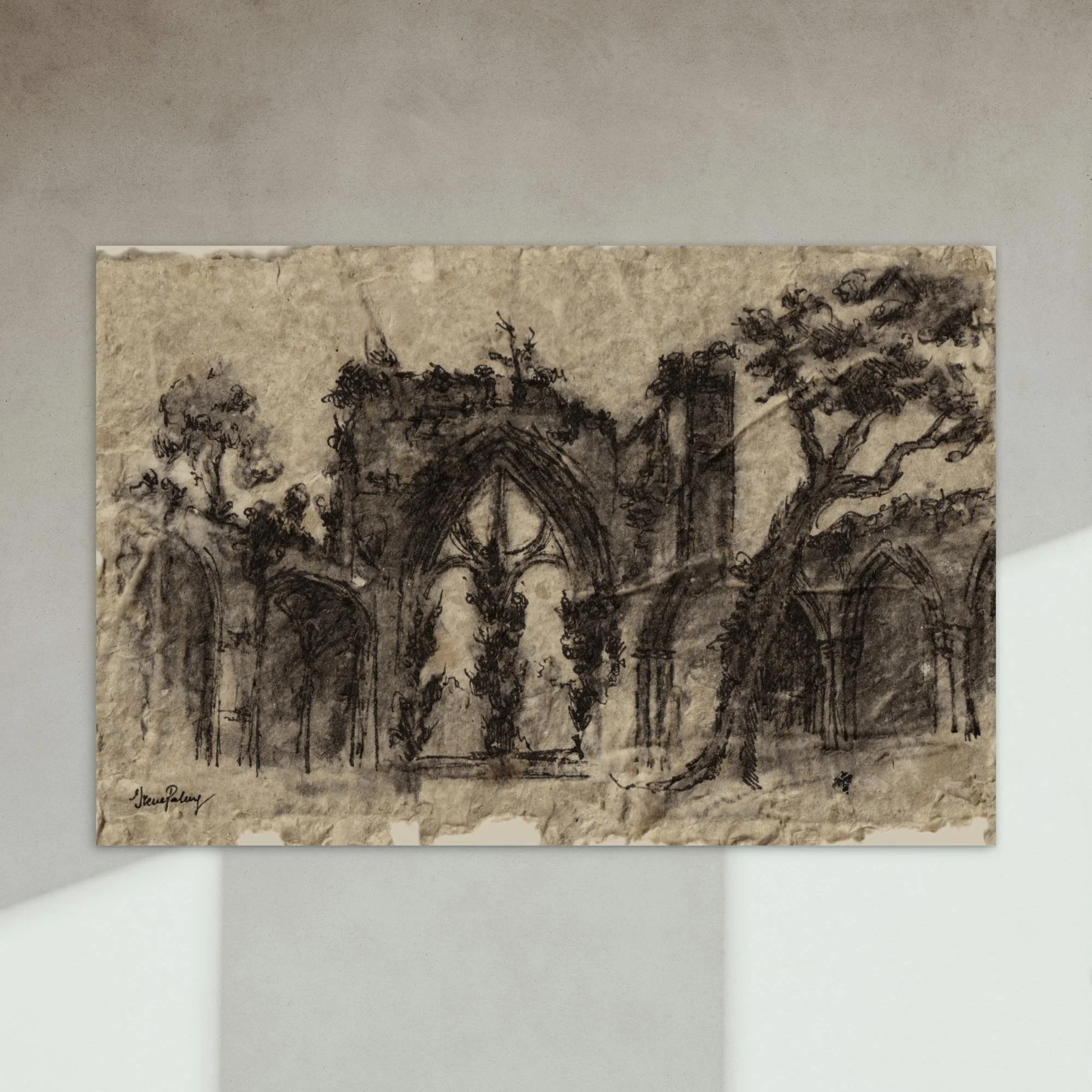 "Gothic scene in charcoal" postcard