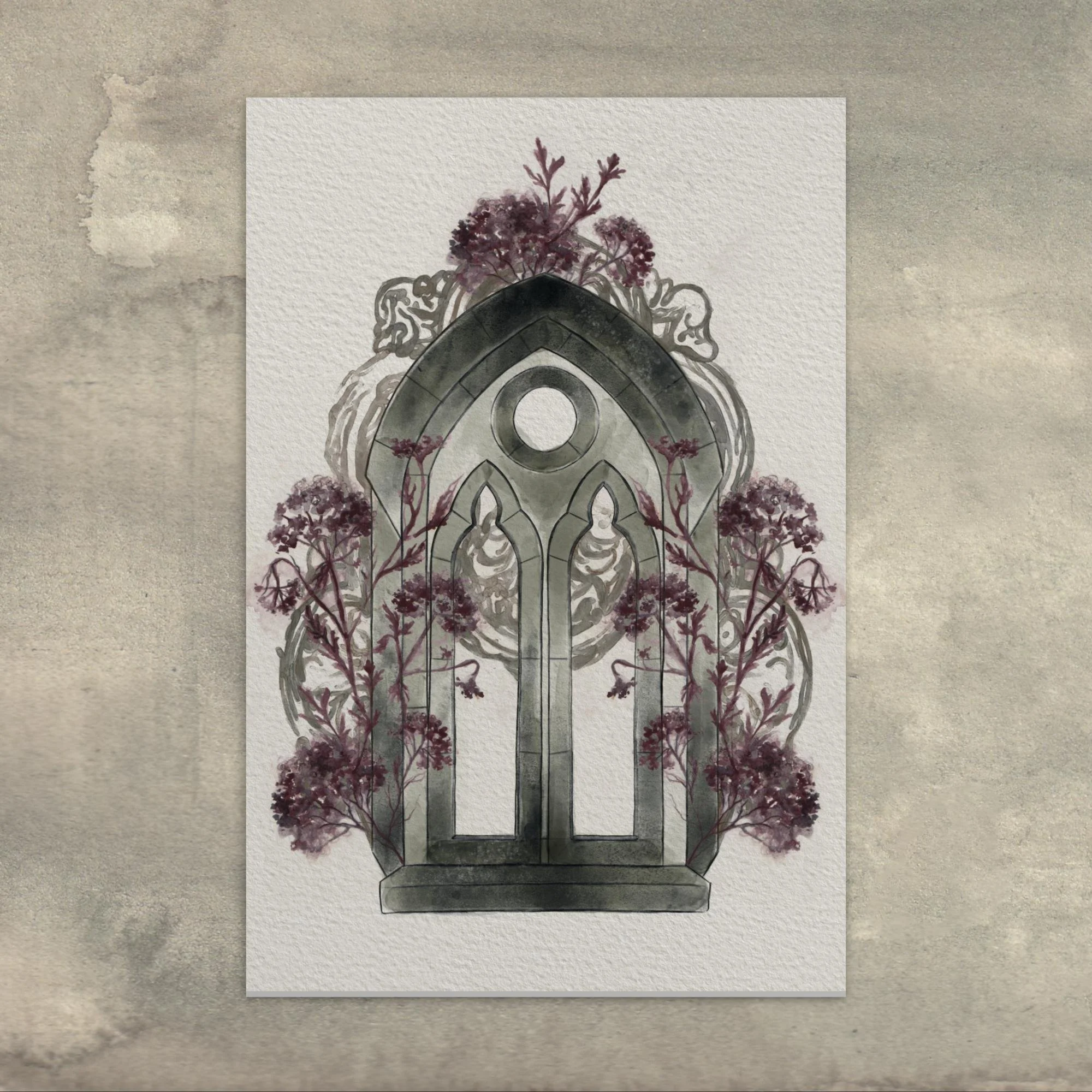 "Warwick window with Caput Mortuum floral" - Postcard print