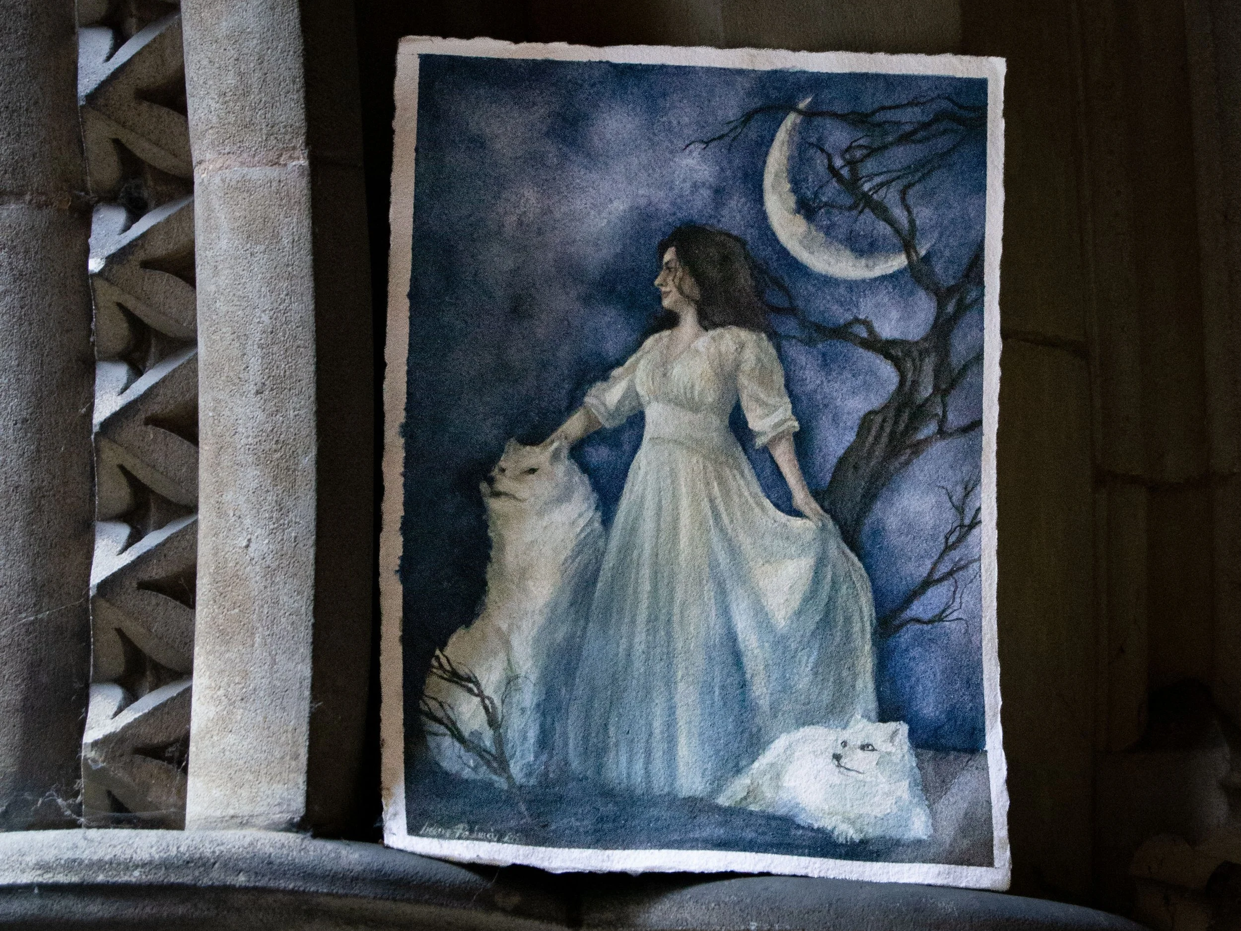Watercolour painting of a winter Queen dressed in white with an arctic wolf and arctic fox. Nightscape, with Moon and dead tree.