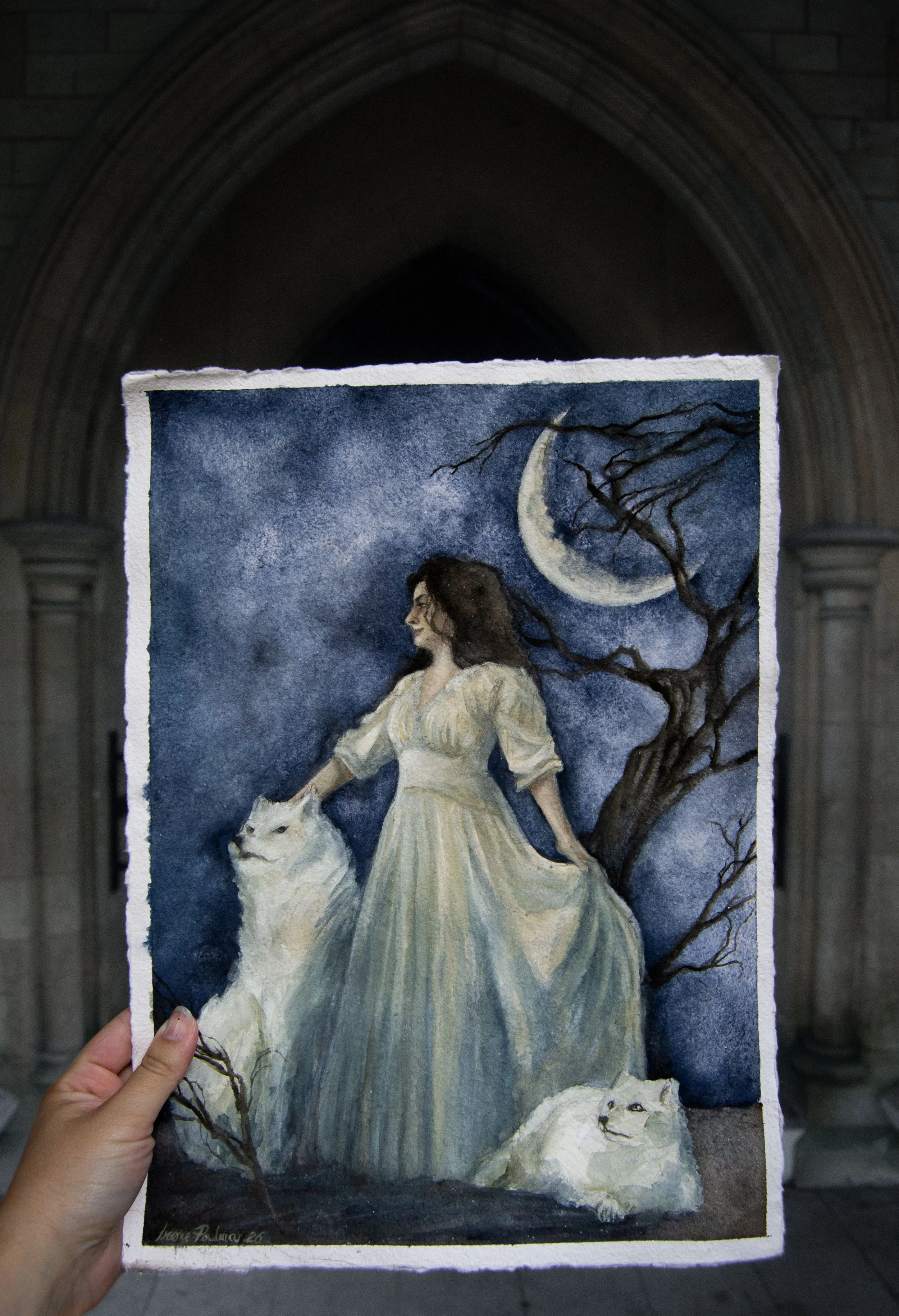 Watercolour painting of a winter Queen dressed in white with an arctic wolf and arctic fox. Nightscape, with Moon and dead tree.