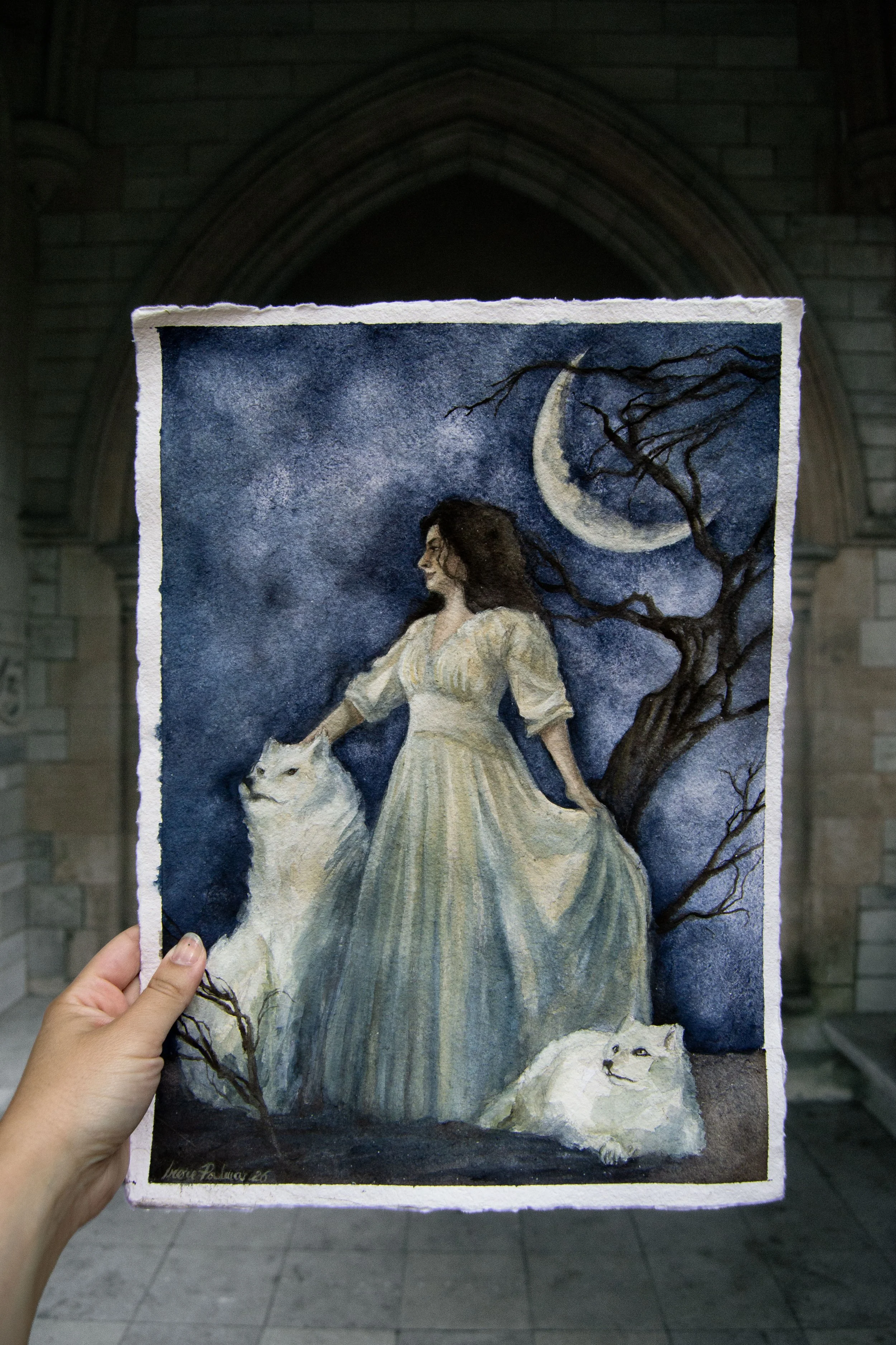 Watercolour painting of a winter Queen dressed in white with an arctic wolf and arctic fox. Nightscape, with Moon and dead tree.