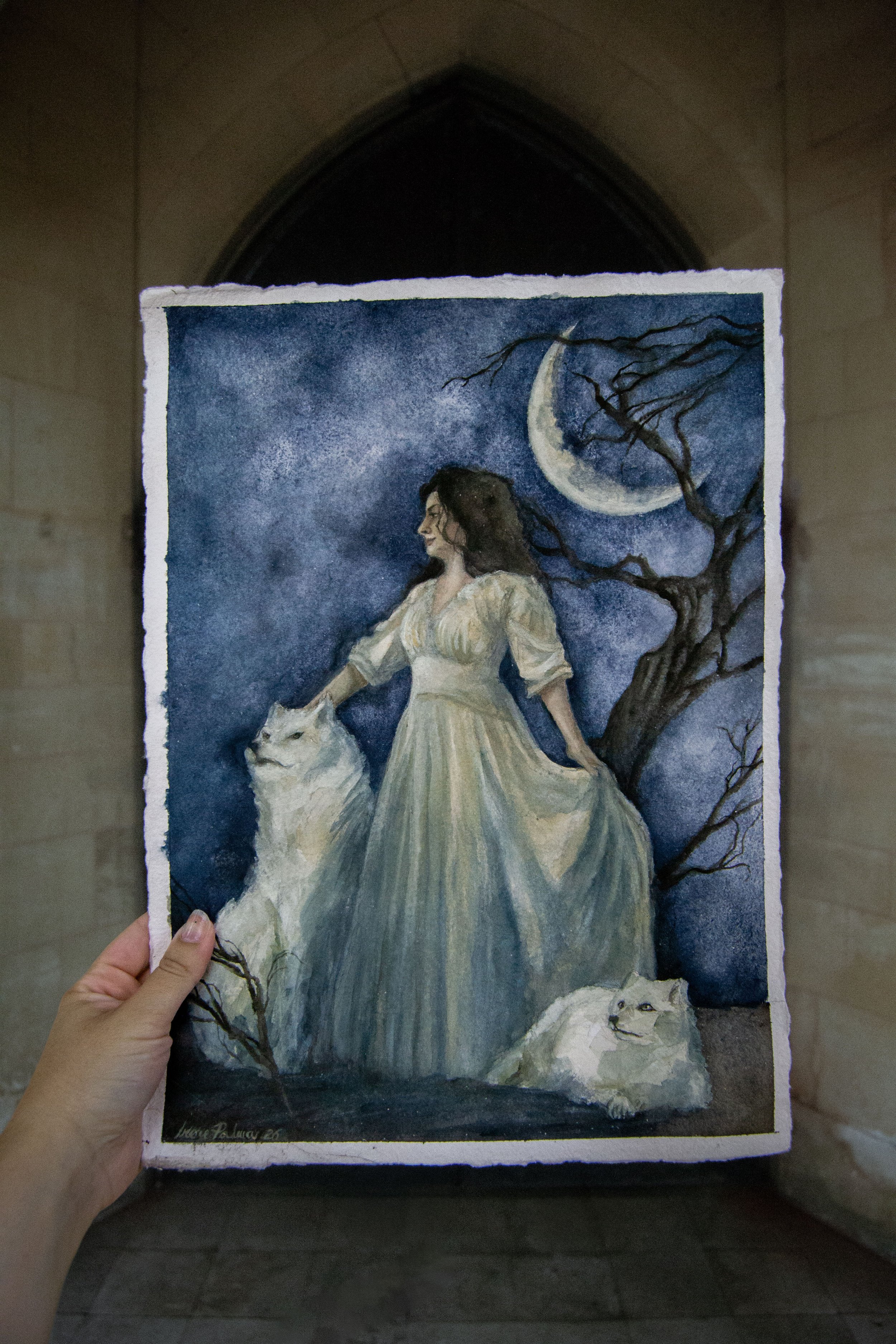 Watercolour painting of a winter Queen dressed in white with an arctic wolf and arctic fox. Nightscape, with Moon and dead tree.
