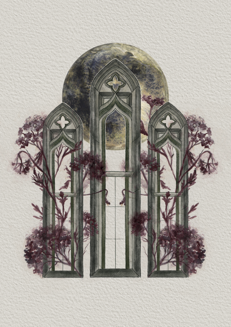A watercolour illustration of a Gothic-style window tryptic with purple flowers and branches growing around it, set against a textured background with a full moon in the sky. The windows are arched. Calm, moody vibe.