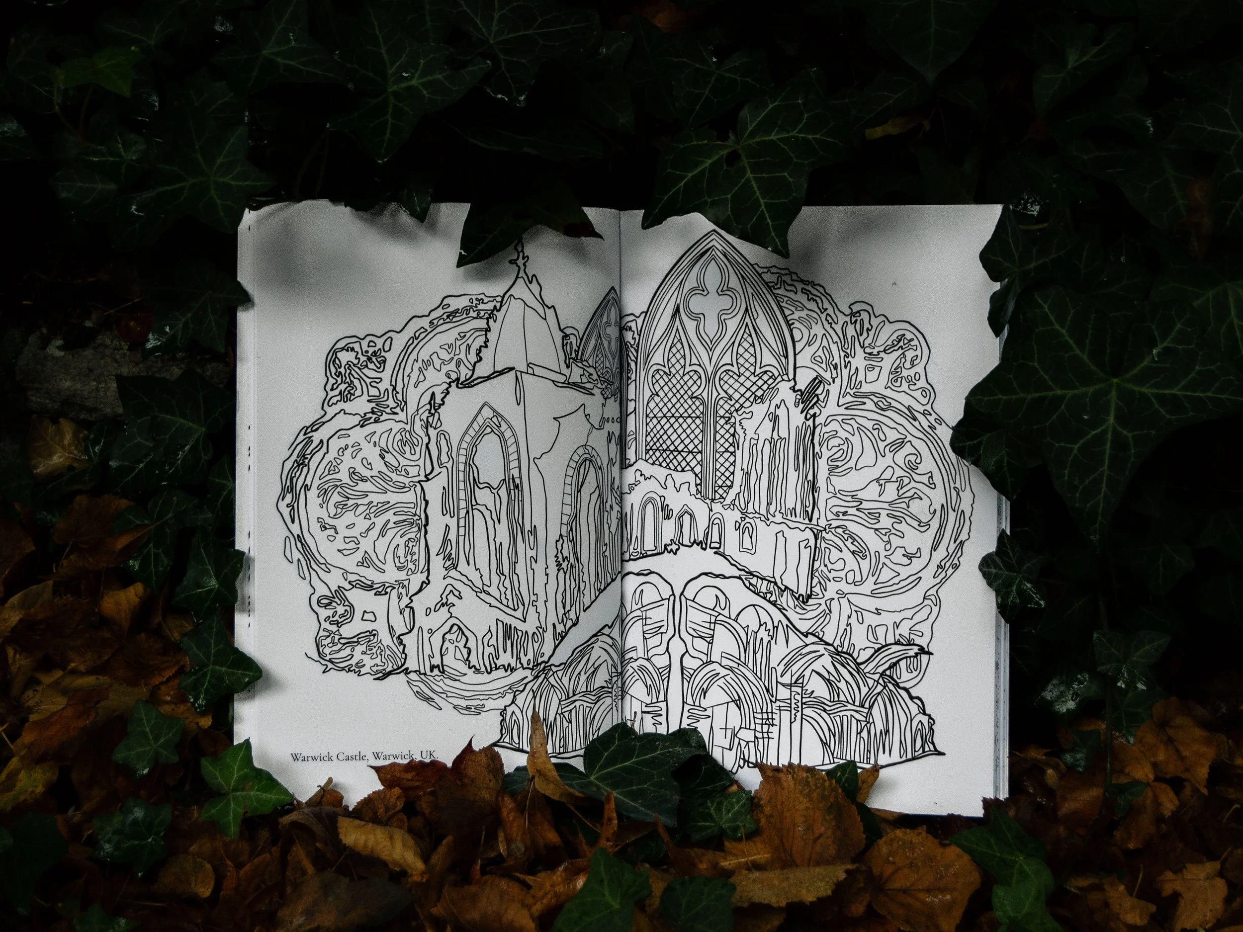 gothic architecture colouring book. Mindfulness through British landmarks. Medieval castles, churches, ruins.