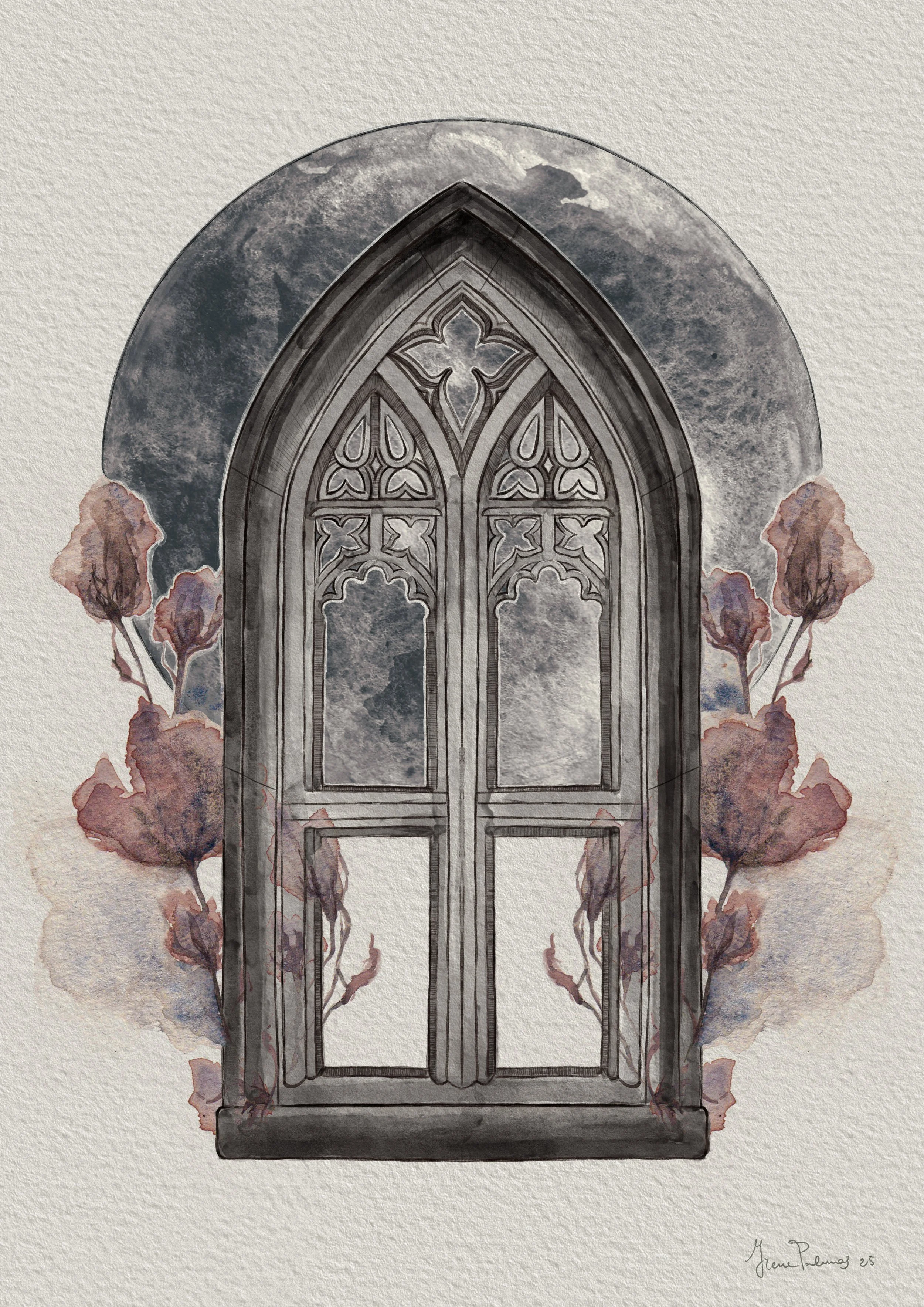Watercolour painting of a Gothic arched window with detailed tracery, surrounded by watercolour flowers in shades of deep red, and a blue-grey full Moon in the background. The flowers resemble poppies. Moody, muted, witchy vibe.