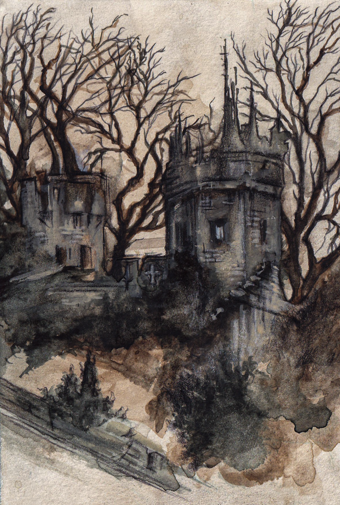 A watercolour painting of a medieval castle or tower surrounded by bare winter trees, with a moody, cloudy sky in the background. Very loose, painterly, expressive style. Dark and witchy atmosphere.