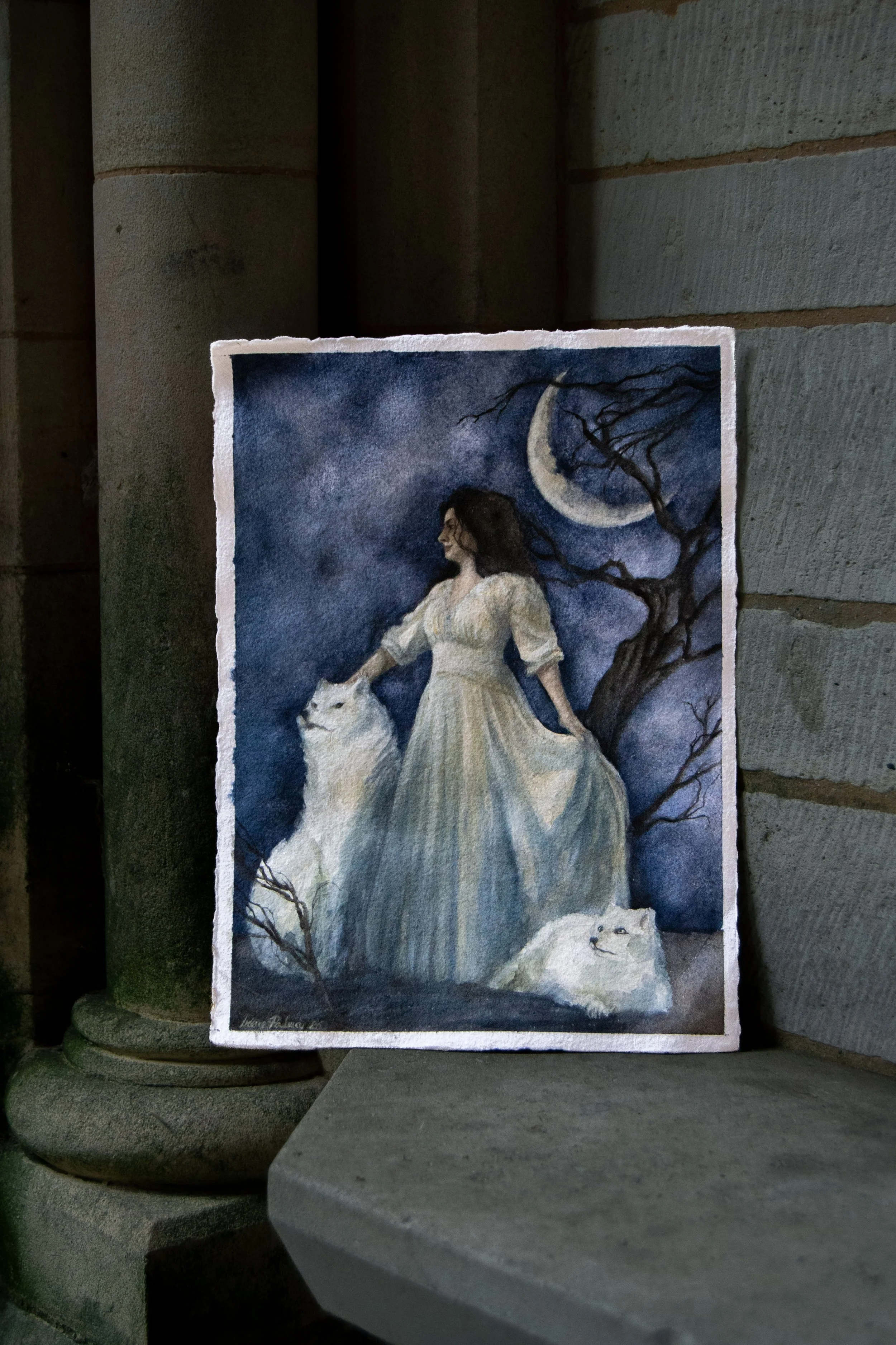 Watercolour painting of a winter Queen dressed in white with an arctic wolf and arctic fox. Nightscape, with Moon and dead tree.