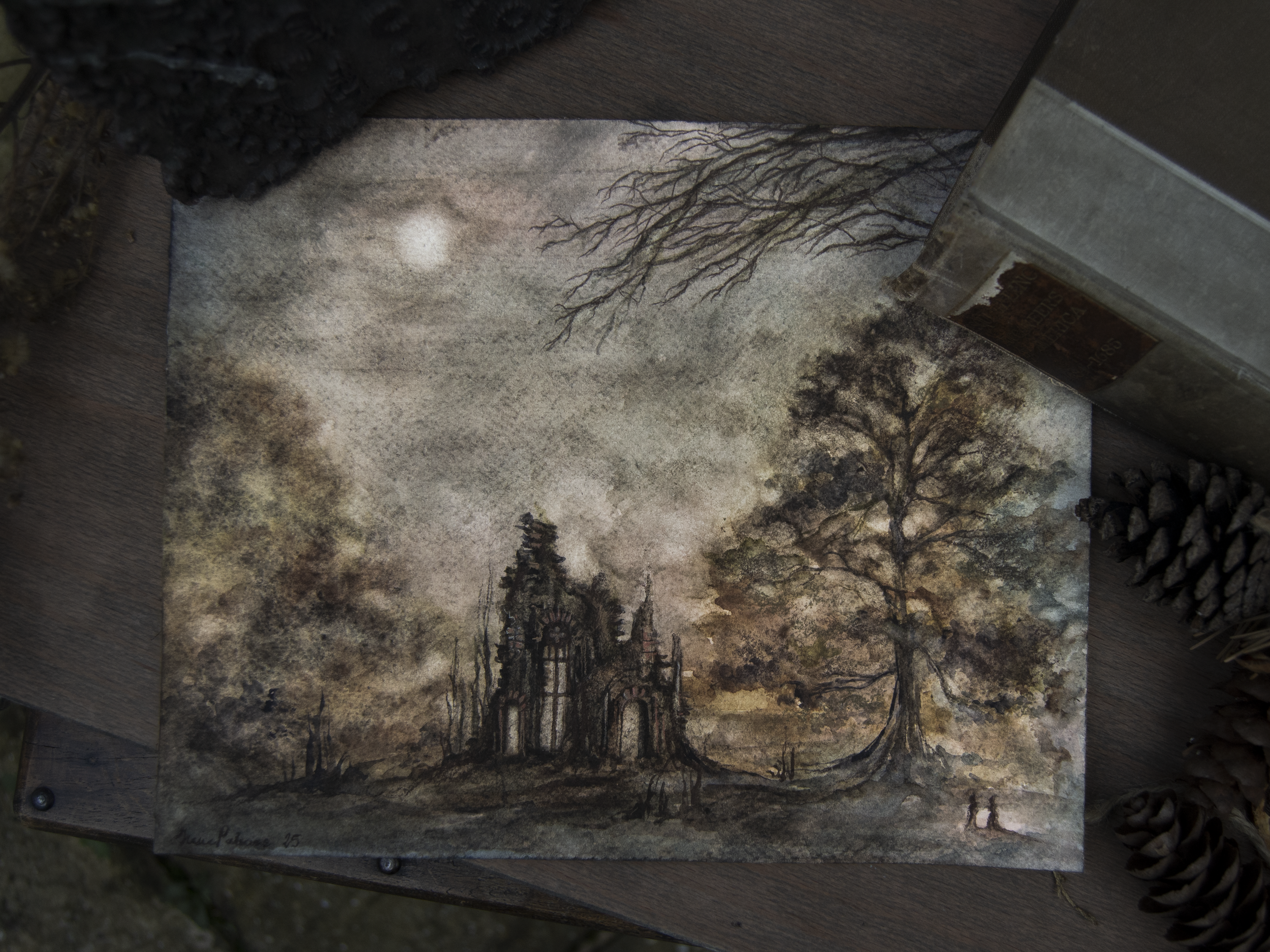 "Ruins", Gouache painting of moody, dark, witchy ruins at dusk. A full moon, or a hazy setting sun is in the sky. The ruins of the old medieval abbey are surrounded by autumn trees and bushes.