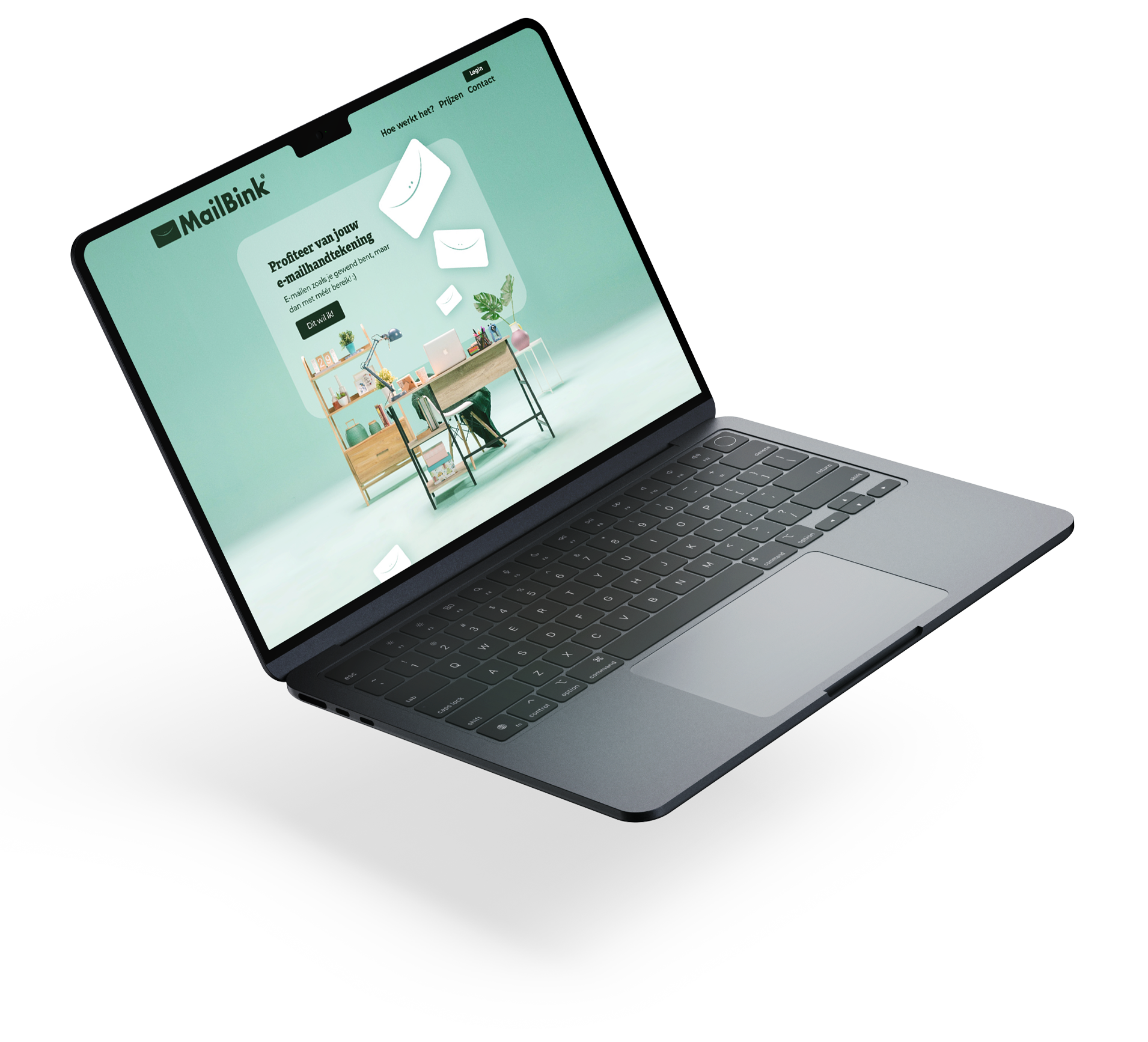 Een open laptop met een website op het scherm die promotie maakt voor e-mailmarketing, met een minimalistisch ontwerp en pastelkleuren.