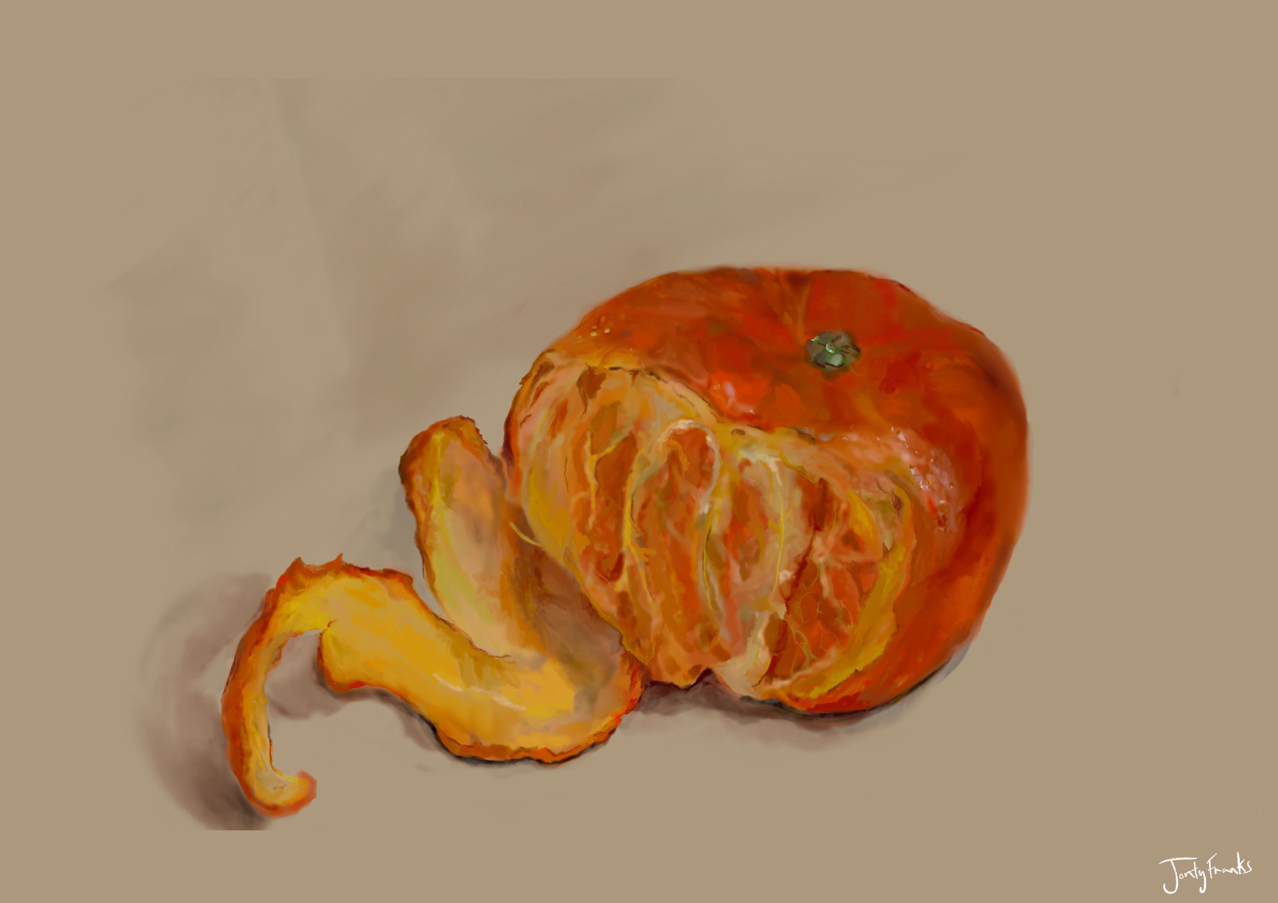 Hand-drawn giclée print of a half-peeled tangerine on a soft background