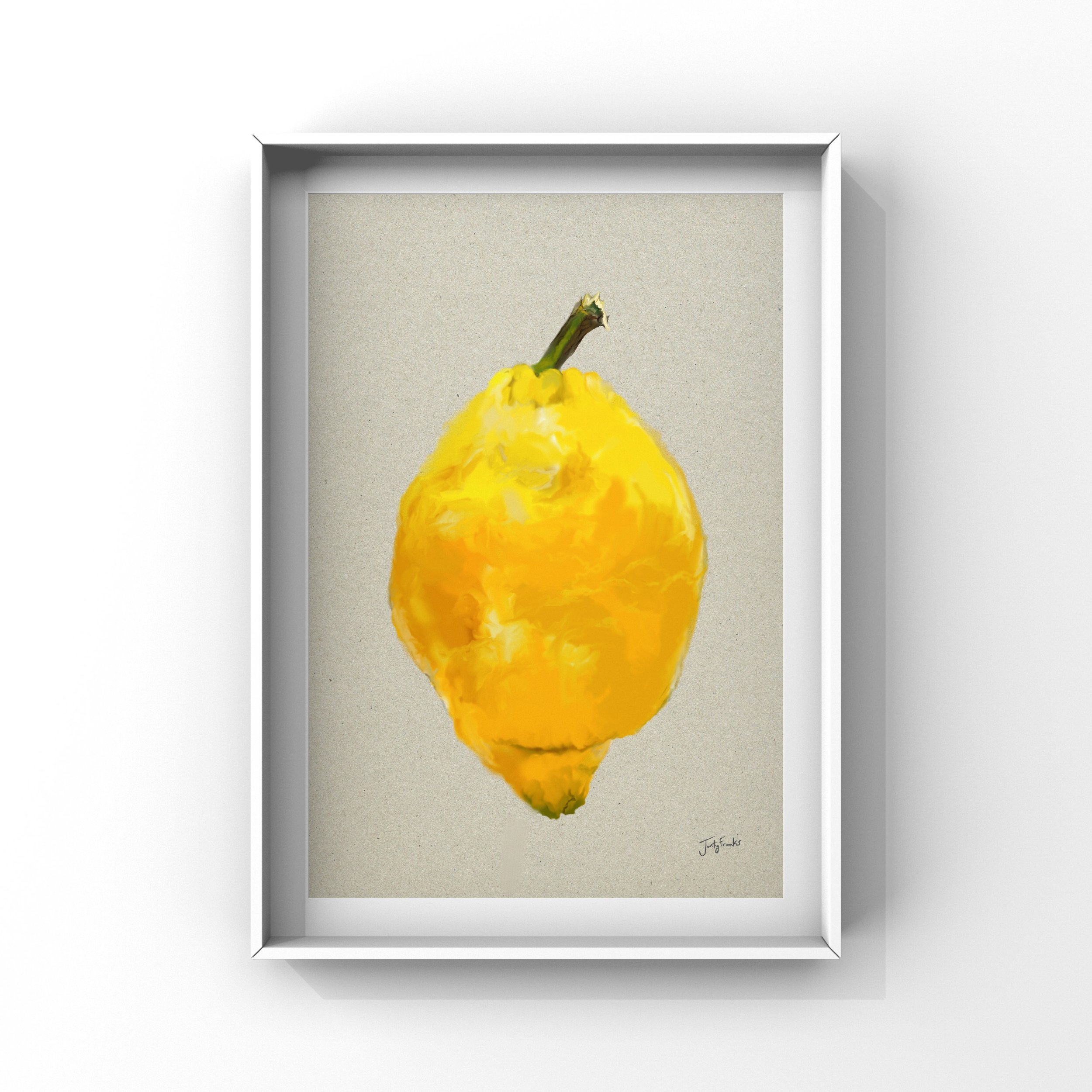 Bold lemon art print on textured background, perfect for bright kitchens and modern food lovers.