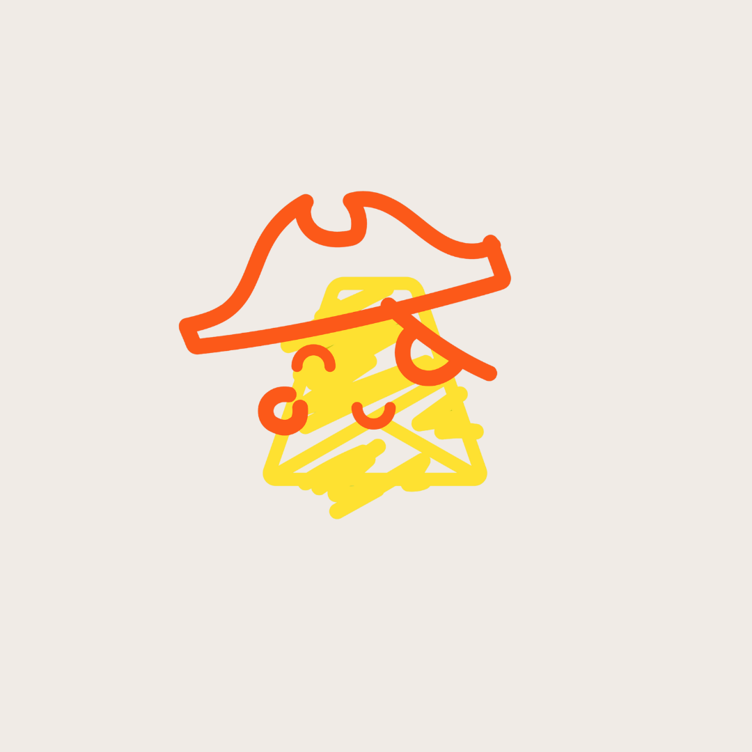 Line drawing of a pirate hat, eye patch, and earring over a yellow scribbled background.