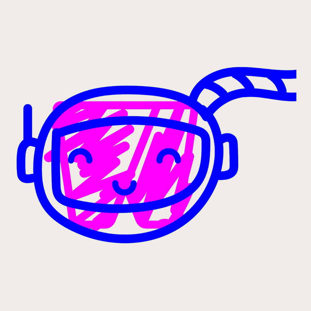 Digital illustration of a happy face wearing snorkeling gear, with a pink face and blue outlines, on a gray background.