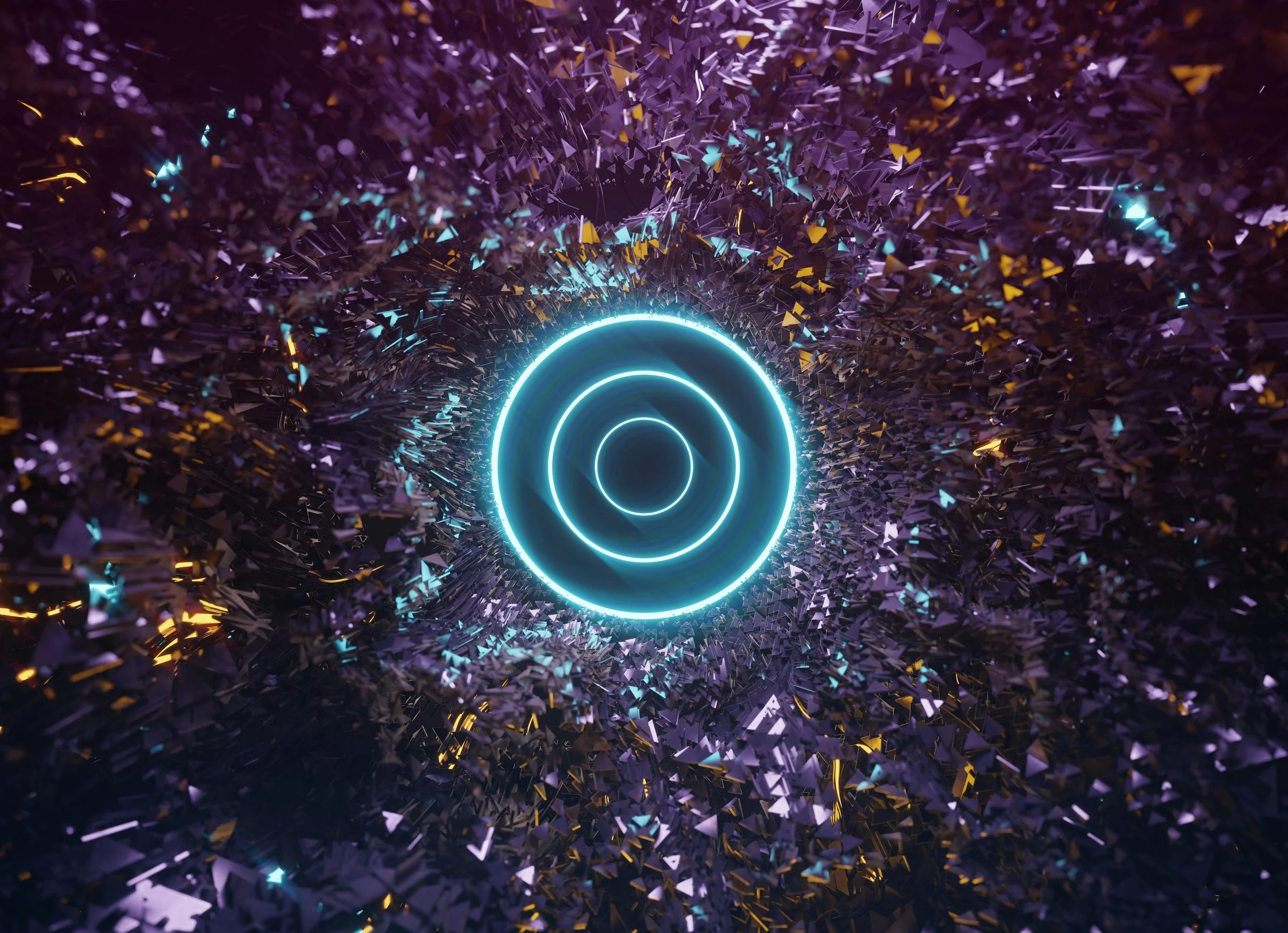 Neon blue concentric circles surrounded by colorful, jagged, geometric shapes in an abstract digital art scene.