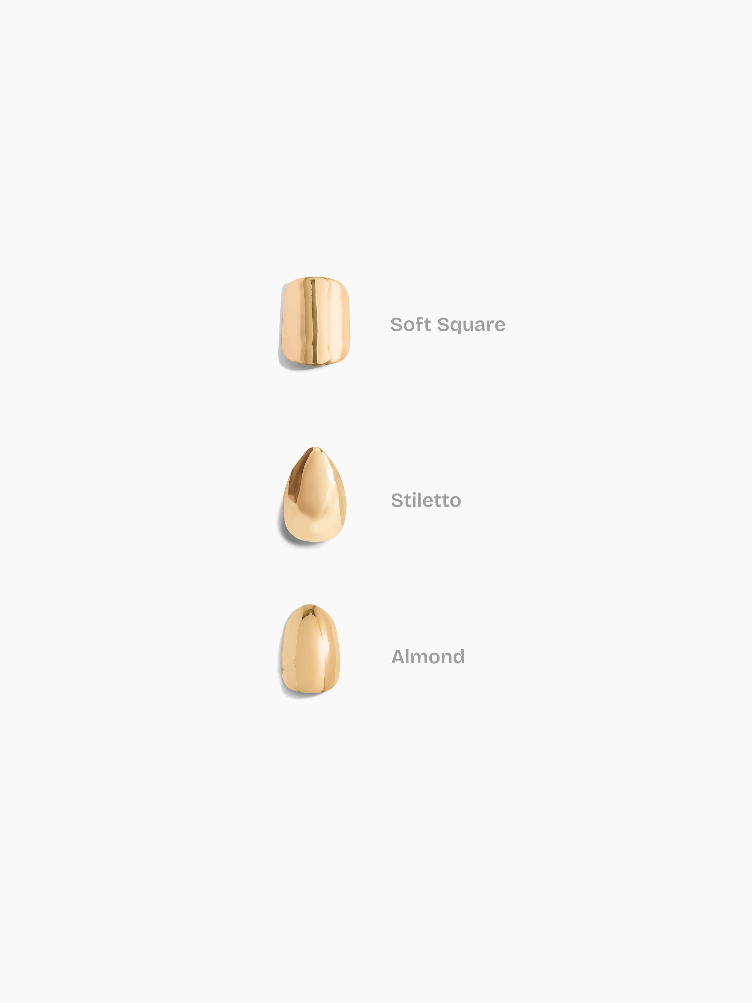 14k yellow gold nails in soft square, stiletto, and almond shapes