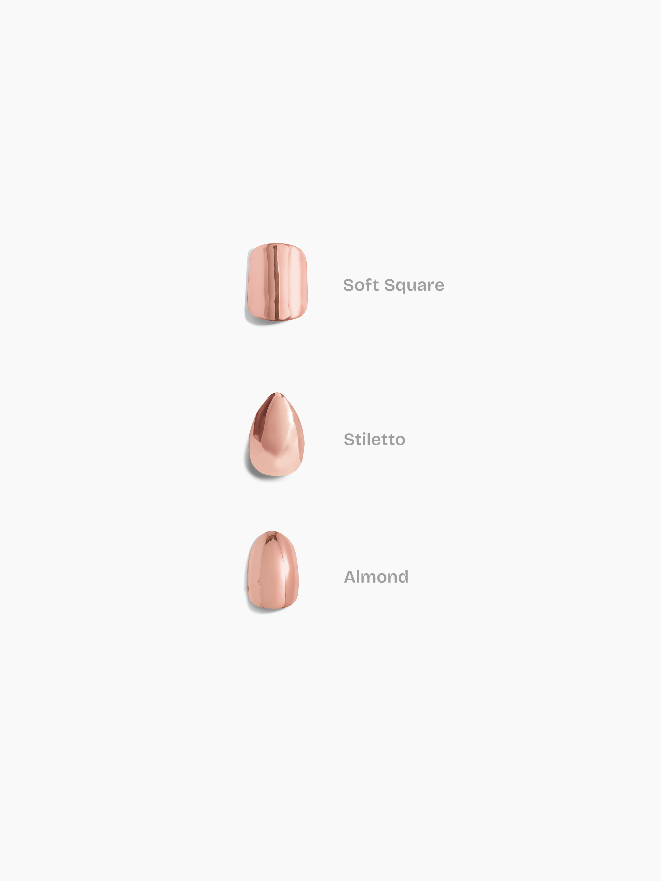 14k rose gold nails in soft square, stiletto, and almond shapes