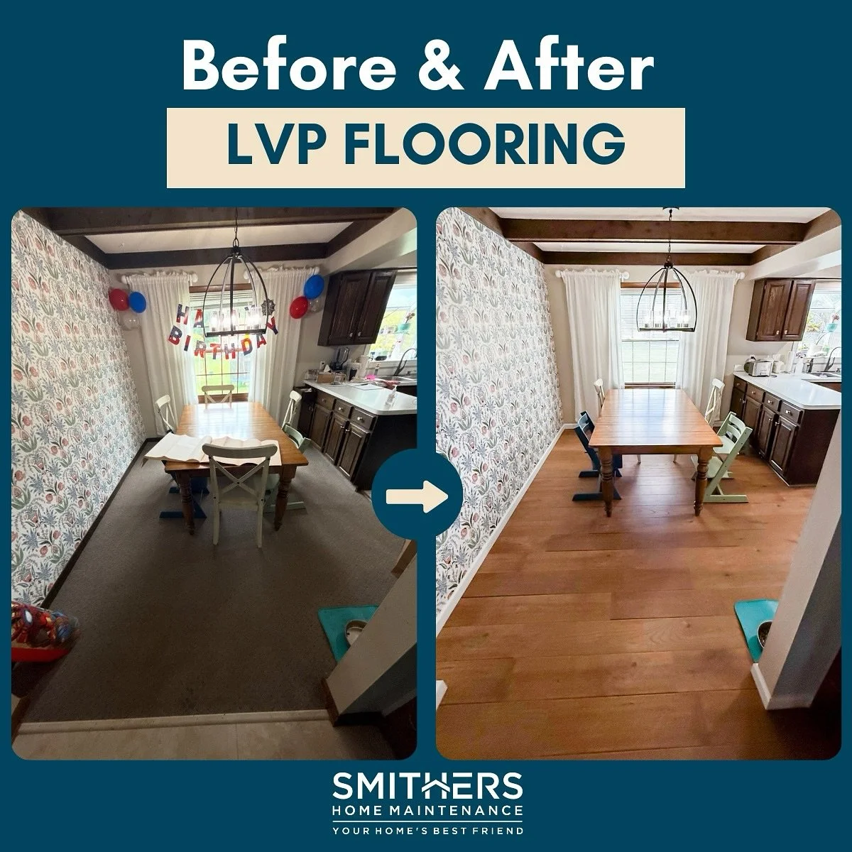 Dining Room Before and After
We just finished a dining room project where we pulled up the old carpet and put in luxury vinyl plank flooring. The change is night and day!
The new flooring really highlights the exposed beams and gives the whole room