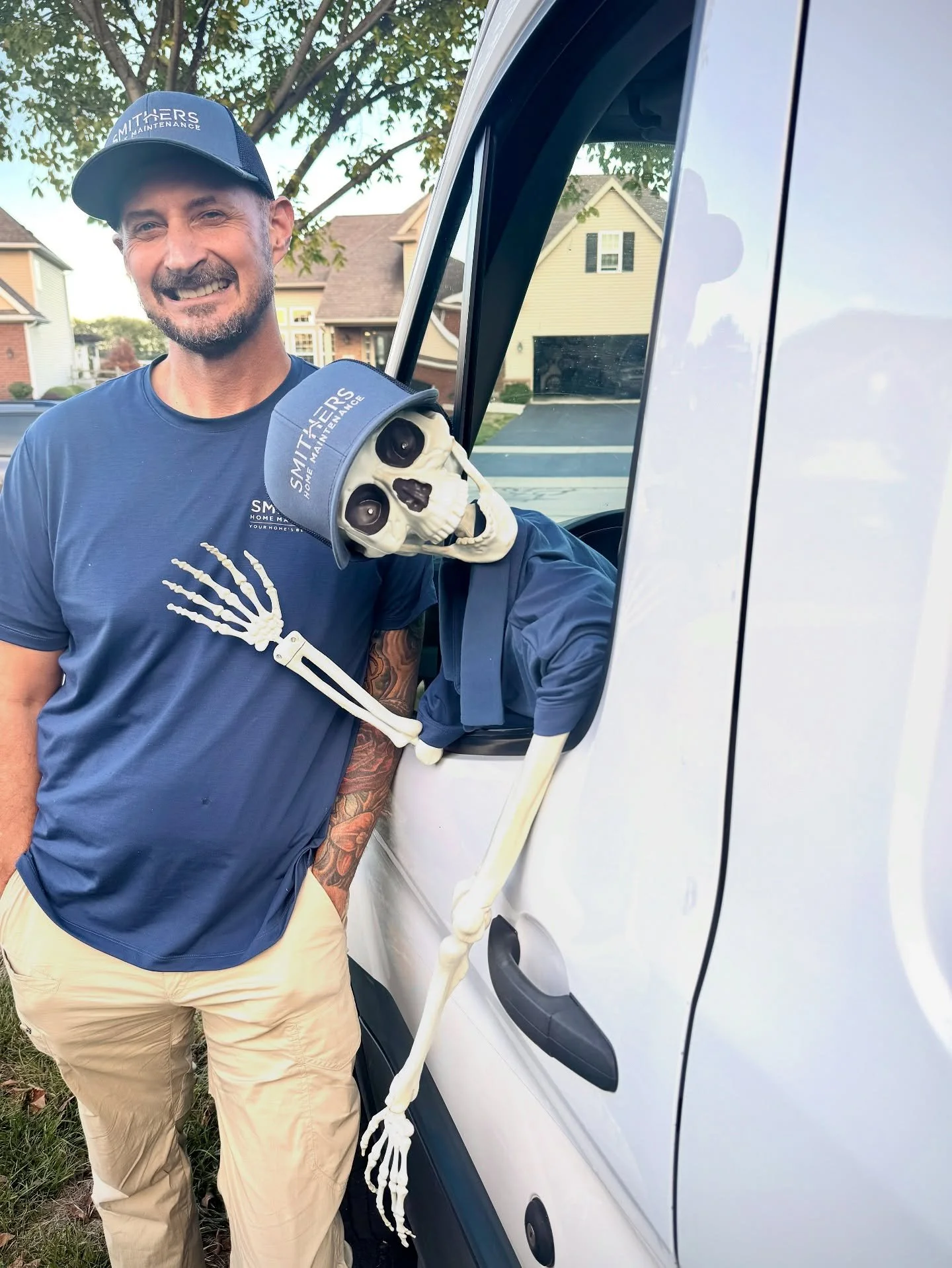 You might remember Gary, our attention-loving crew member who insists on riding shotgun. He’s back again this year as part of our temporary Halloween staff. Gary may not lift a hammer, but he sure knows how to make people smile.
If you see us