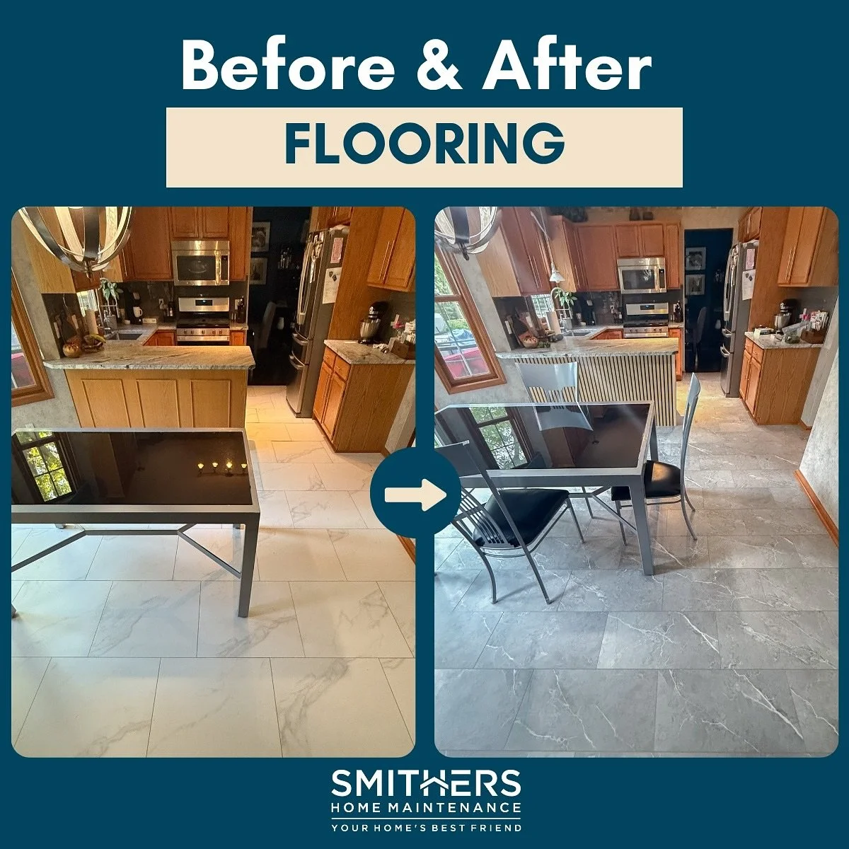 Before & After Flooring Transformation
A small leak can lead to big problems, like this kitchen floor that was damaged by a leaky dishwasher. Our team stepped in to replace the flooring with beautiful, durable LVP and gave the kitchen a fresh lo