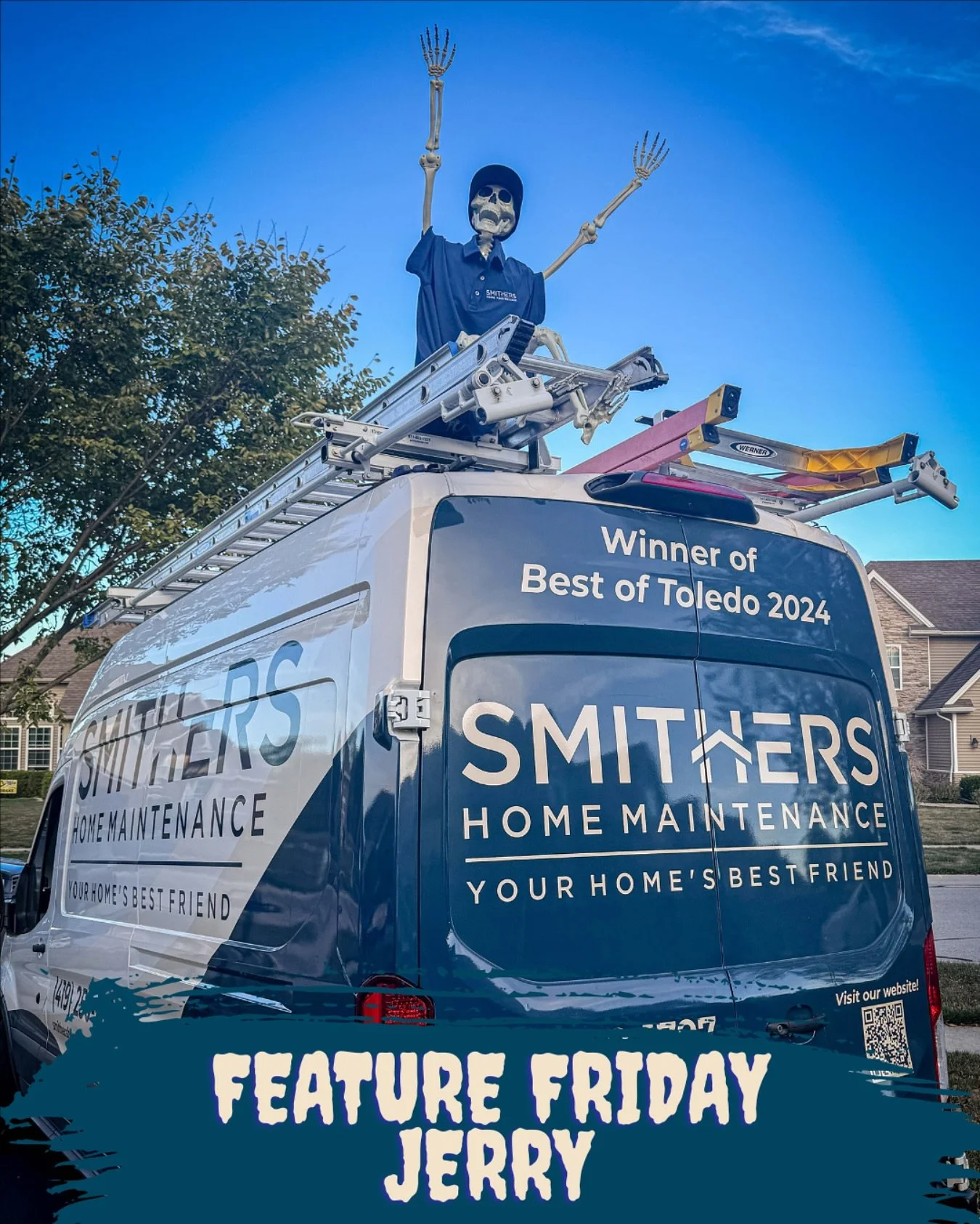 🛠️ Feature Friday: Meet Jerry, Our Joyride Specialist! 💀🚐
This week, our skeleton crew is on the move—literally! Meet Jerry, who’s riding high on top of the Smithers Home Maintenance van. With the company growing faster than ever, we