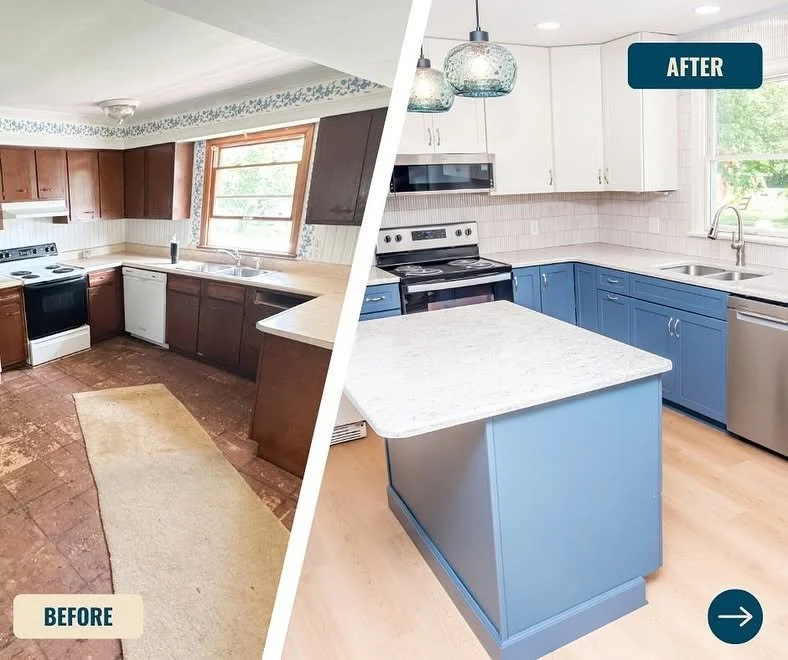 Clean, modern kitchen with white cabinets remodeled by Smithers Home Maintenance, a window above the sink, white subway tile backsplash, stainless steel appliances including a microwave and oven, and a tiled floor.