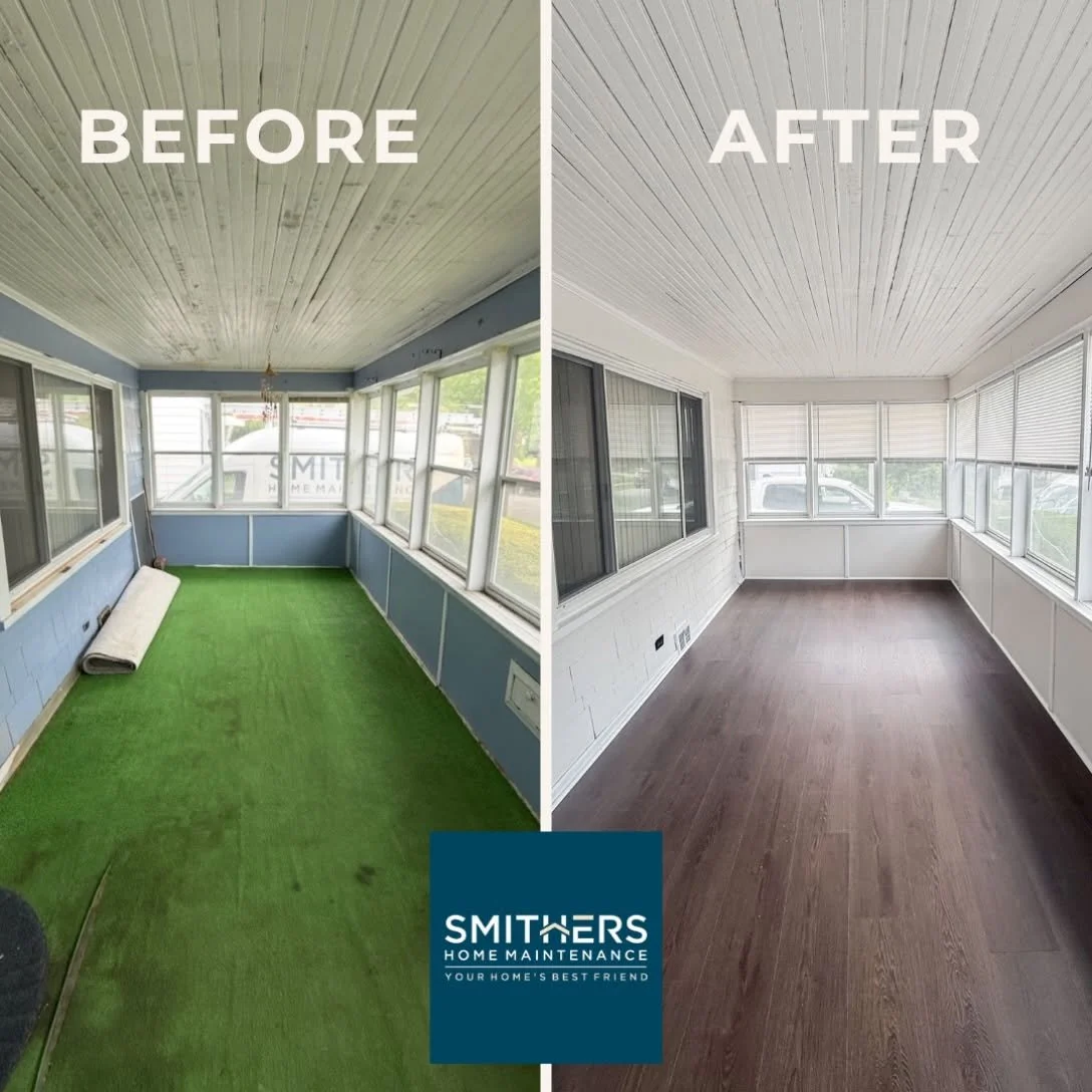 Luxury LVP flooring installed by Smithers Home Maintenance in Perrysburg, Ohio with light wood floors, white walls, two windows with blinds, a mounted TV above an electric fireplace, a wooden mantel, and a ceiling fan.