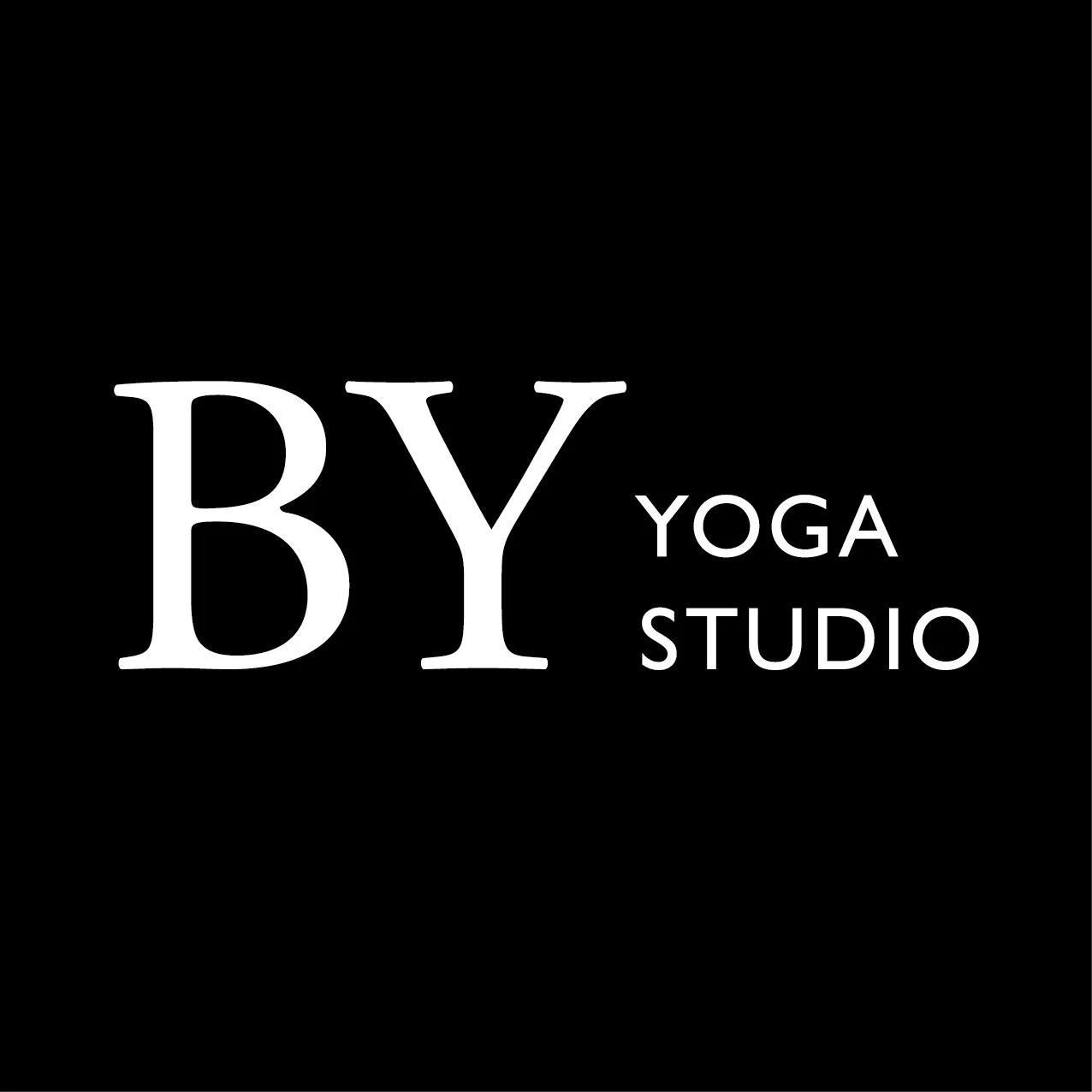 Logotyp för BY Yoga Studio med svart bakgrund och vitt text.
