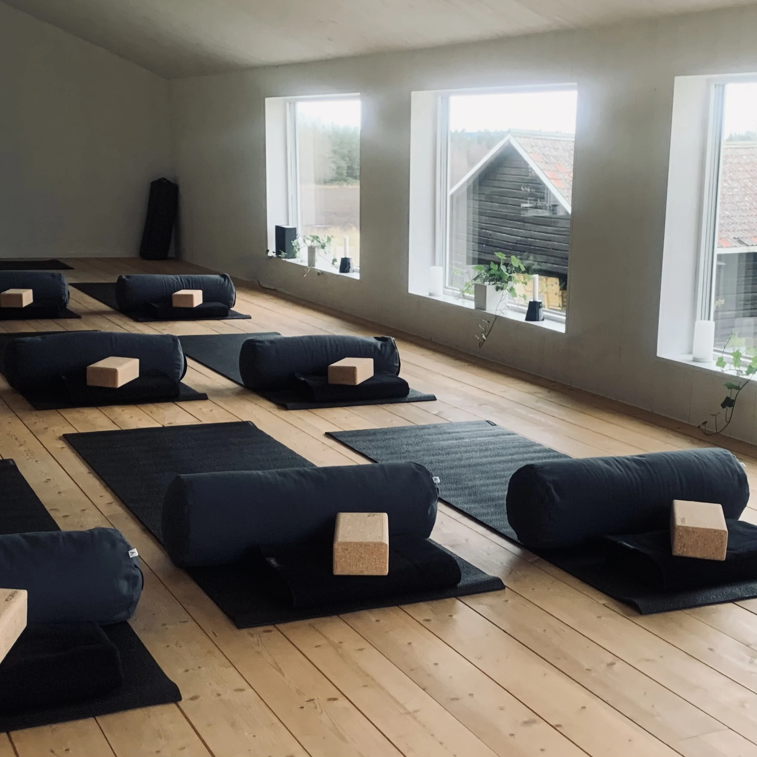 Yogastudiosetup med matta, bolster och yogaklossar i ett ljust rum med stora fönster.
