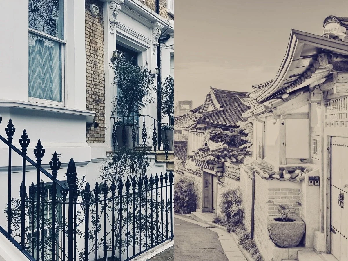 A diptych contrasting a white stucco London townhouse with ornate black iron railings against a sepia-toned narrow alleyway lined with traditional Korean hanok rooftiles, representing the dual timelines of Minbak by Ela Lee