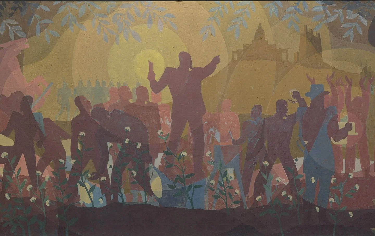Aaron Douglas, Aspects of Negro Life: From SLavery to Reconstruction, 1934. A mural depicting silhouetted Black figures in collective movement, set agaist a luminous golden background with cotton plants in the foreground and a city skyline