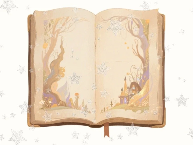 Open illustrated storybook with enchanted forest artwork, whimsical trees, and a small magical cottage—symbolizing the fairy-tale world in The Secret Book of Flora Lea.