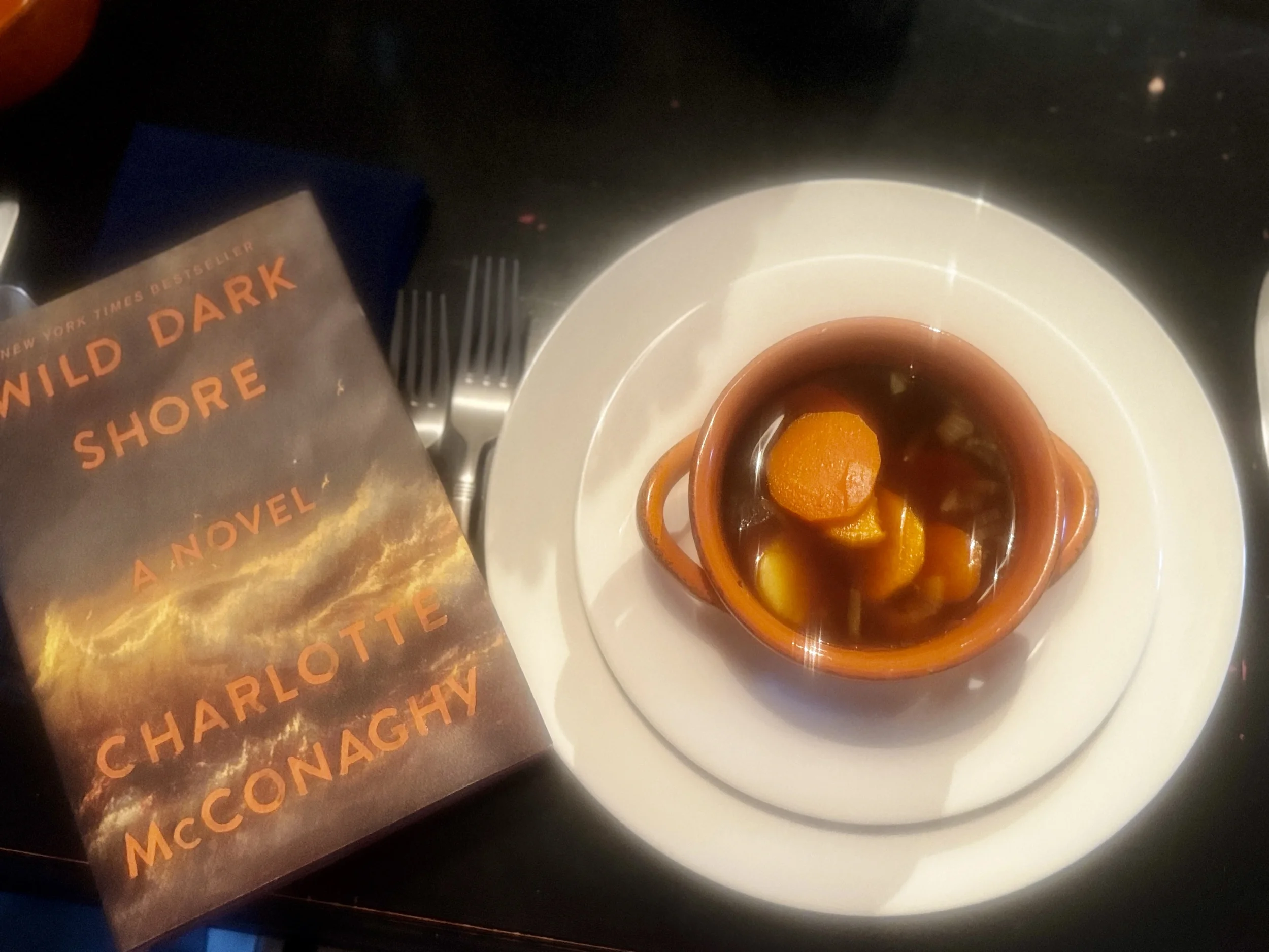 Wild Dark Shore by Charlotte McConaghy beside a ceramic bowl of roasted root vegetable soup on a white plate — the recommended food pairing for reading the novel.