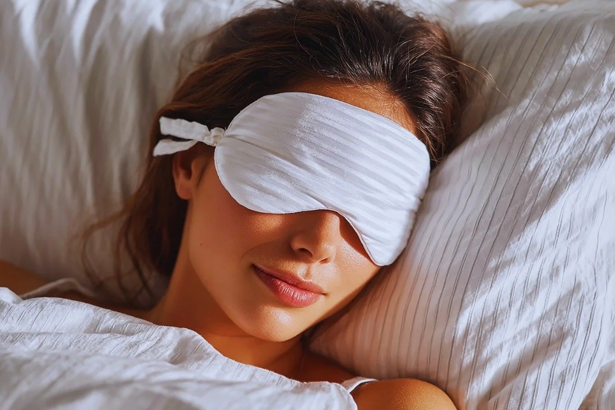 Woman resting with an eye mask, representing a non-toxic nighttime skincare routine that supports skin repair during sleep.