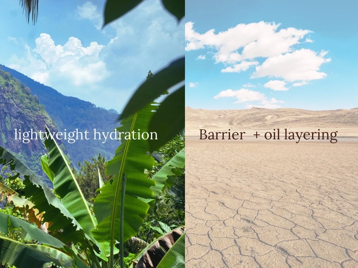 Split image of tropical and desert landscapes comparing skincare needs: lightweight hydration for humid climates and barrier oil layering for dry climates