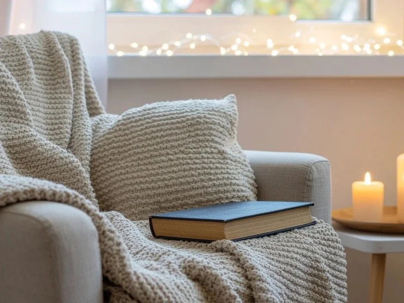 Cozy reading nook with a blanket, pillow, book, and candles, symbolizing intentional self-care and calming micro-habits for 2026.