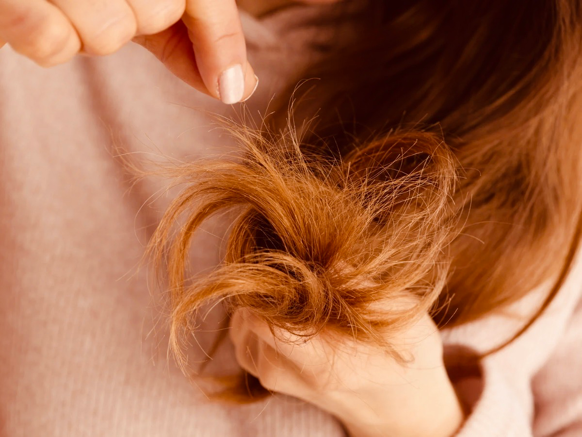 Close-up of damaged, frizzy split ends on auburn hair — showing the visible signs of a compromised hair cuticle barrier.