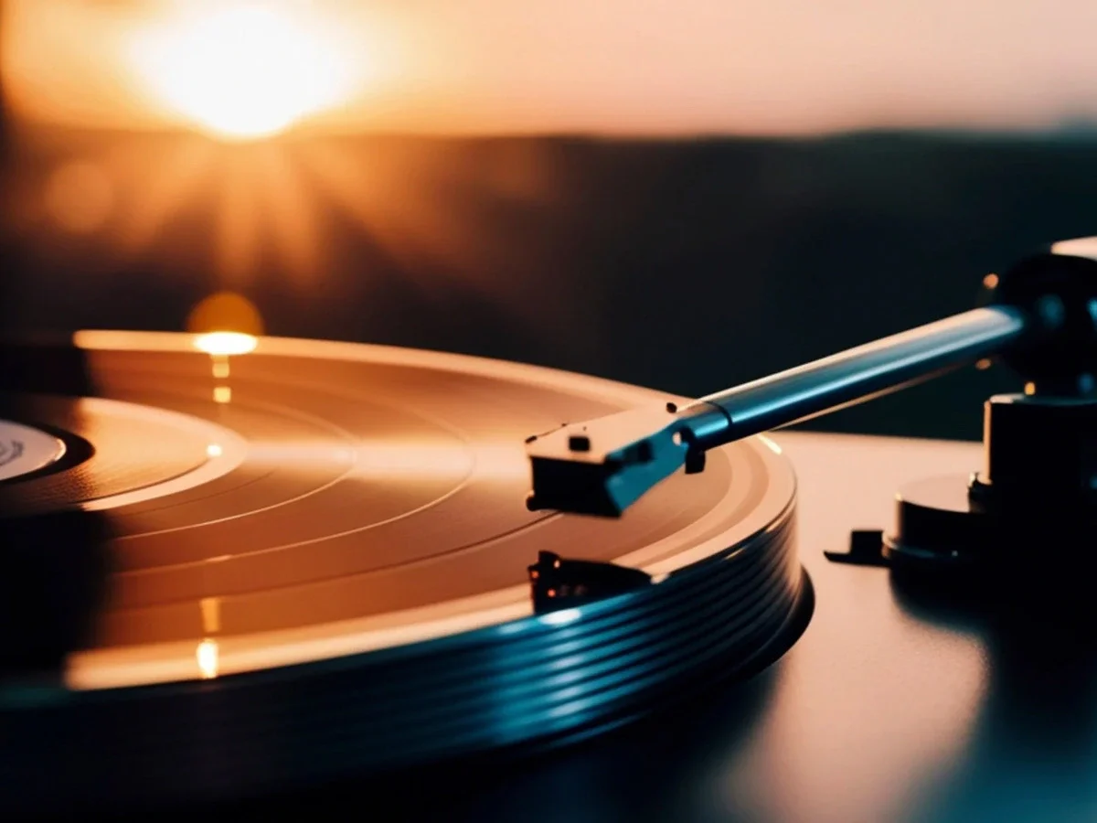 A vinyl record spins on a turntable in warm evening light, evoking nostalgia and memories associated with music. Vinyl record spinning on turntable representing music and memory.
