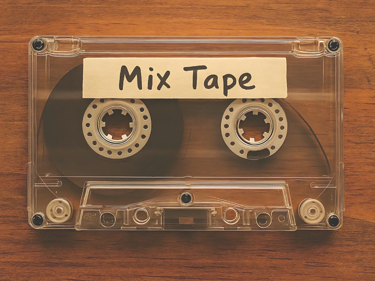 A clear-shelled cassette tape on a wood surface with a handwritten paper label reading "Mix Tape" — accompanying "Then Music Became Portable," the mixtape section of She The King's music-history essay.