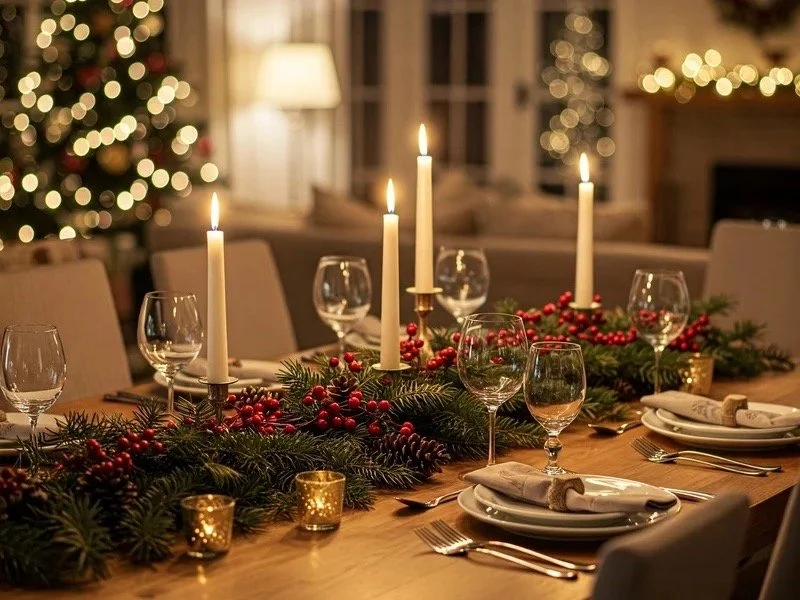 Festive Christmas dinner table with candles, greenery, and elegant holiday décor.