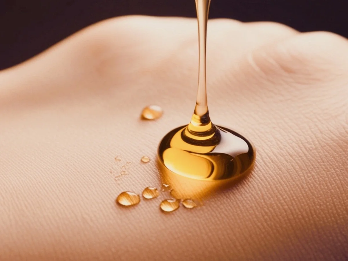 Extreme close-up of a golden body oil droplet landing on bare skin, with scattered micro-droplets and skin texture visible. Warm amber tones, dark background, sensorial and precise.