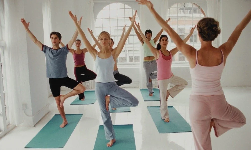 A group practicing grounding yoga postures that promote balance, inner calm, and year-round mental wellness rituals.