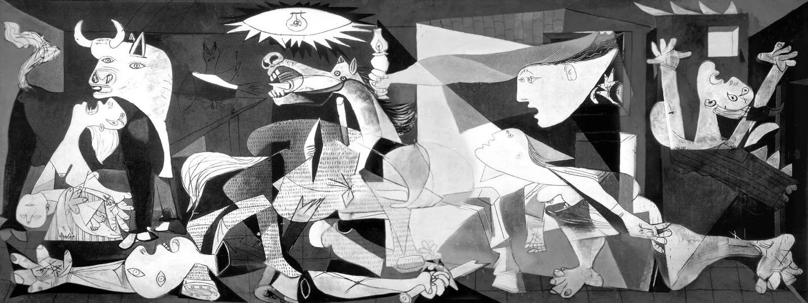 The black and white painting about Guernica by Pablo Picasso. Accompanying Picasso's Guernica and The Girl from Guernica novel by Karen Robards editorial piece.